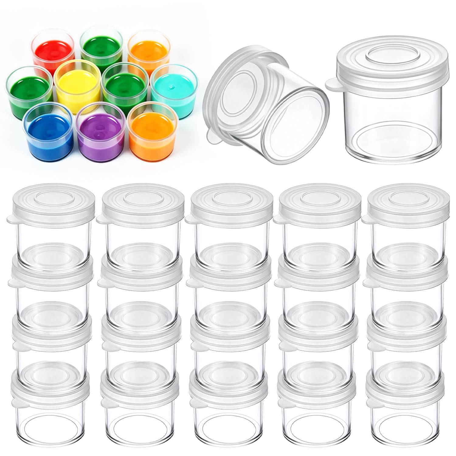 ACKKOR 20 Pcs Empty Paint Pots with Lids, 10ml Clear Mini Paint Pots with Lids Easy to Open Painting Arts Crafts for Kids Classroom School Painting Art Supplies