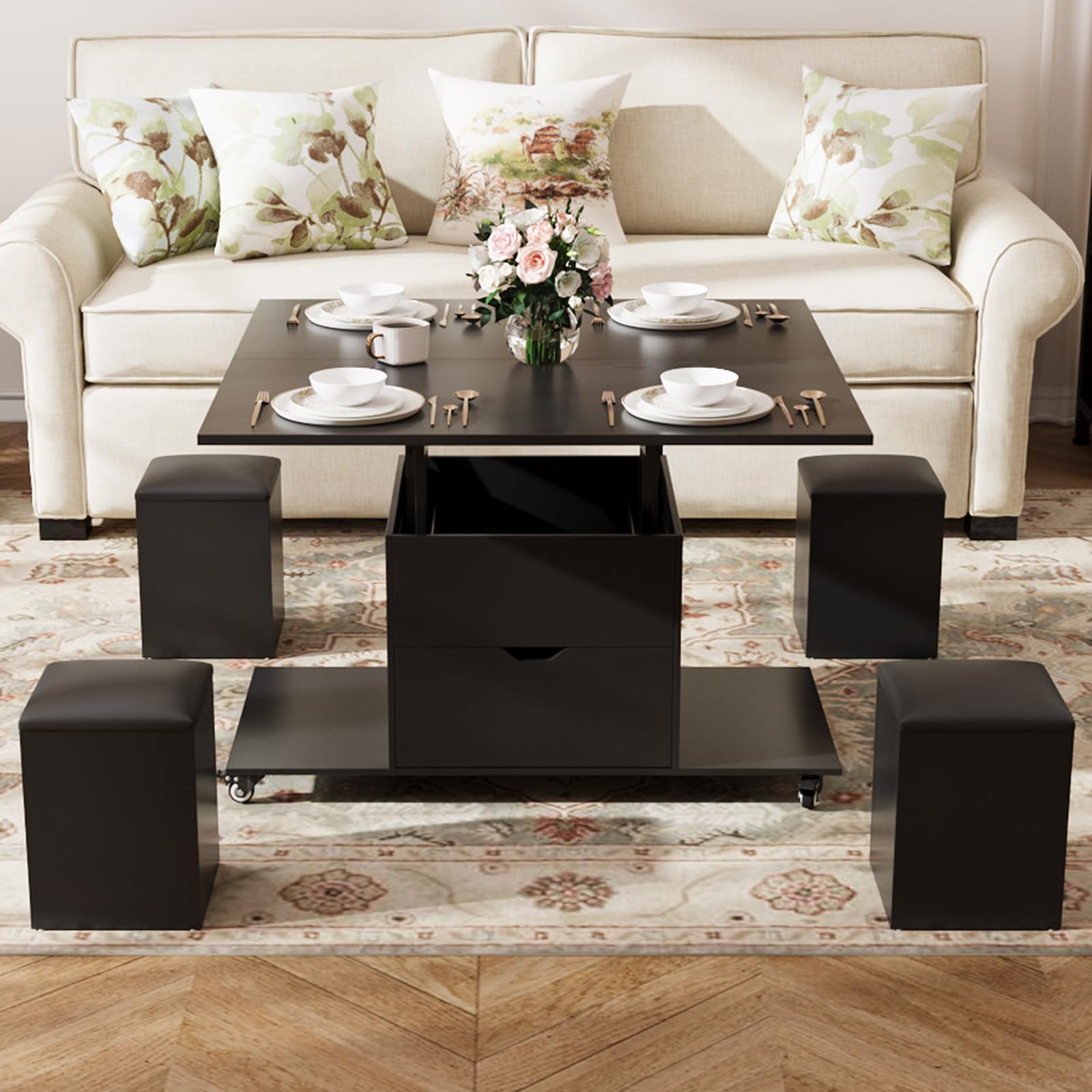 VOWNER Table Basse Relevable Transformable Table à Manger, Noir | Meuble 3 en 1 multifonctionnel pour salon avec tiroir et 4 tabourets inclus