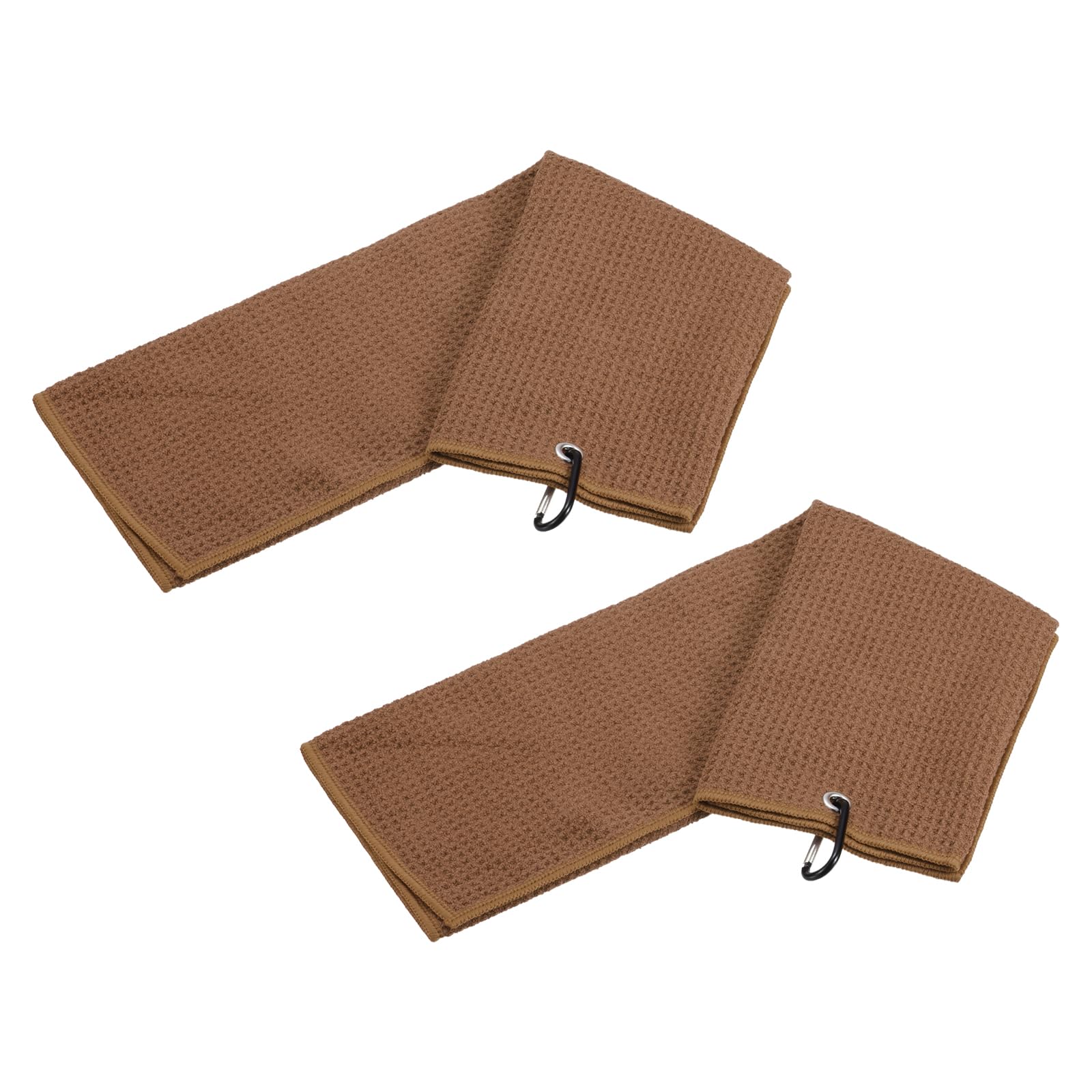 YOKIVE 2 Pcs Tri-Fold Golf Towels, Golf Club Waffle Pattern Towels with D Clip for Golf Balls Lovers (Brown, 24x16-Inch)