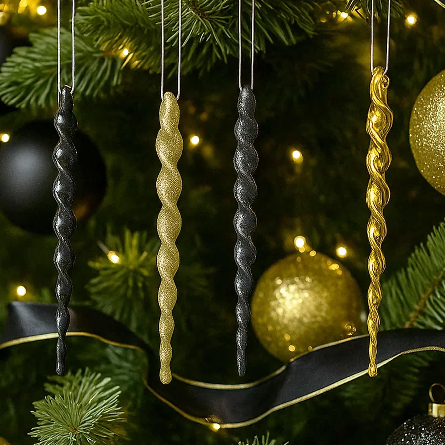 28pk Black Gold Christmas Baubles for Tree Decorations - Holiday Xmas Shatterproof Plastic Ball Ornaments, Icicles and Snowflakes Set