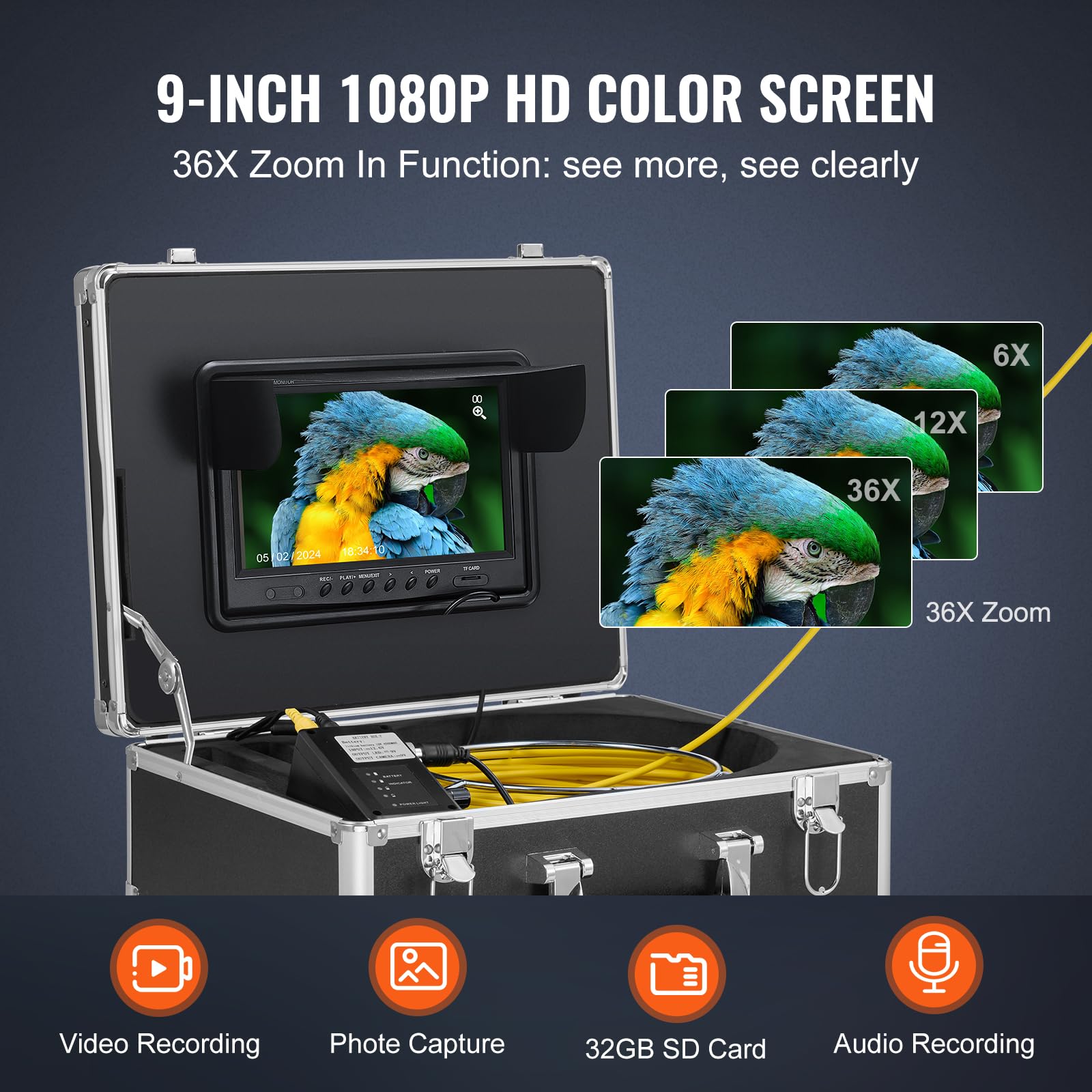 VEVOR Caméra Inspection Canalisation avec Localisateur 512 Hz Endoscope Drain 50 m Écran 9'' Auto-nivellement, Zoom 36X, Étanche IP68, 12 LED, Carte SD 32 Go, pour Conduit, Égout, Plomberie, Tuyaux