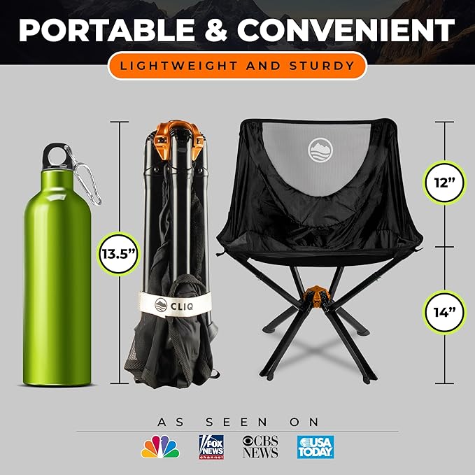 CLIQ Portable Chair 250 pounds and features hard armrests and a beverage holder