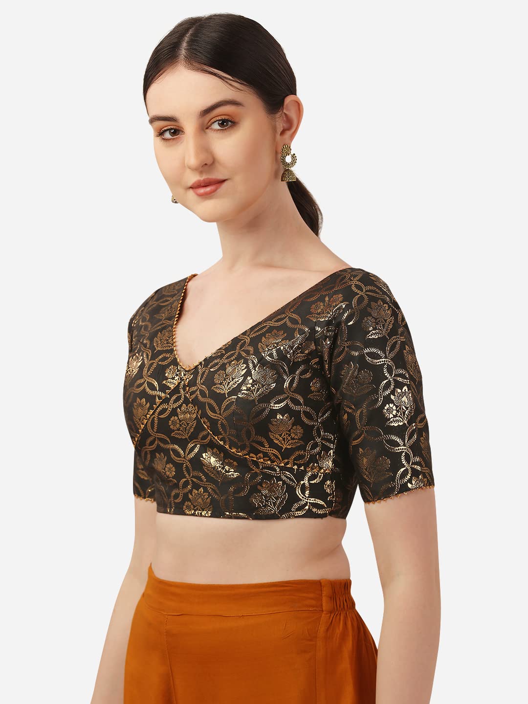 Oomph Women's Art Silk Short Sleeve Regular Blouse (Rbbl289_Coffee Brown L)