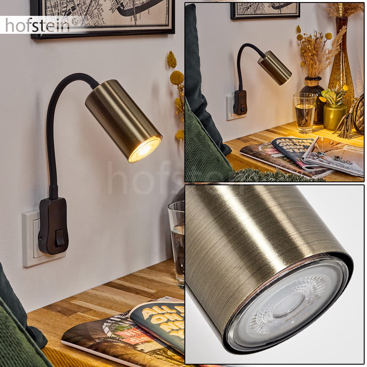 Applique Javel, lampe murale moderne en métal noir/laiton ancien, spot mural à 1 flamme au design moderne, avec bras de lecture réglable et interrupteur marche/arrêt, 1 x GU10, sans ampoules