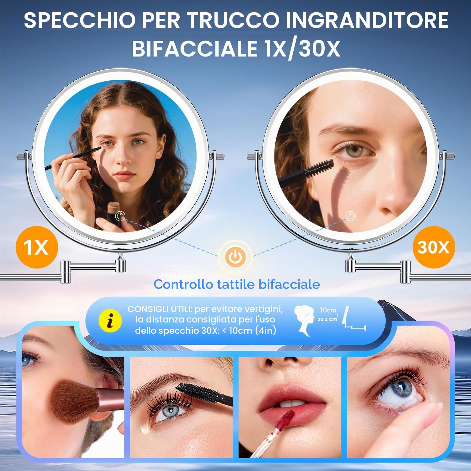 Auxmir 25cm Specchio Trucco con Luci Ingranditore 30X/1X da Parete, Argento | Estensibile, Rotazione a 360°, 54 LED, 3 Colori, Luminosità Regolabile, 5000mAh Batteria, Ricaricabile, per Bagno Hotel Spa