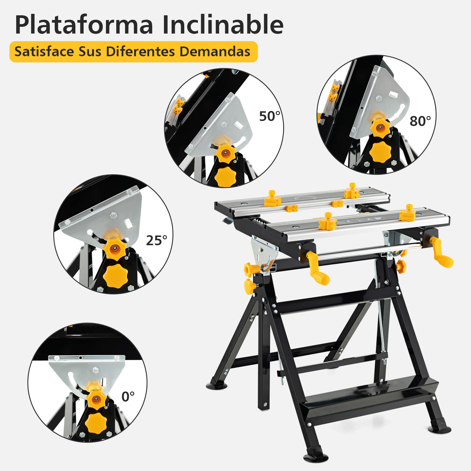 COSTWAY Mesa de Trabajo Plegable, Banco de Trabajo Portátil con Plataforma Inclinable y Altura Ajustable en 7 Niveles, Estación Multifuncional de Alumnio con 8 Abrazaderas, 2 Asas