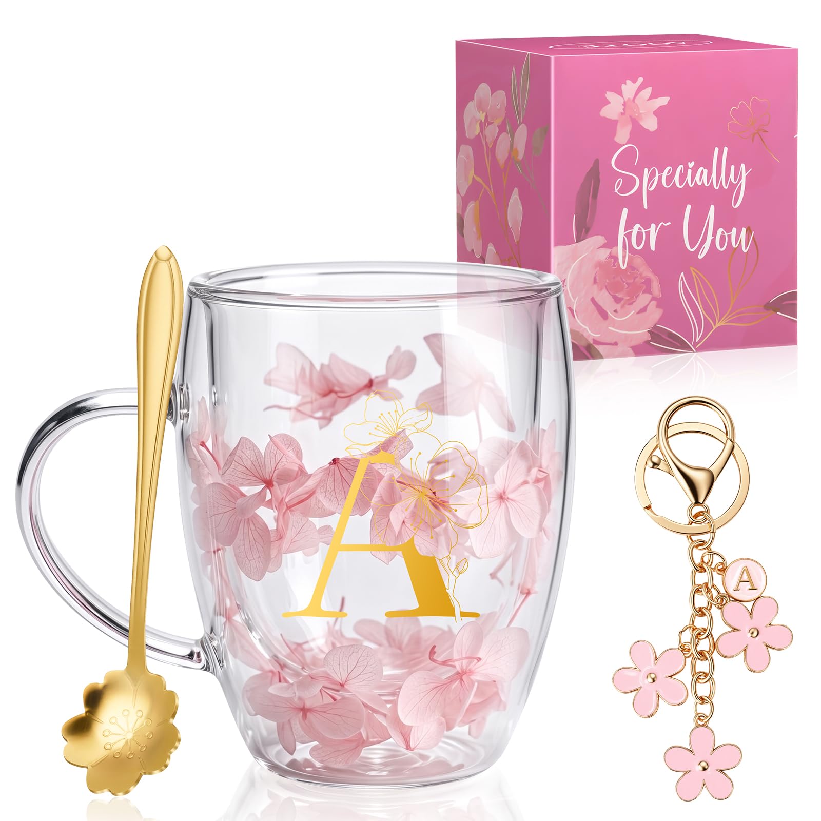 AOOTE Dried Flowers Double Wall Glass, 350ML Dried Flowers Tea Cups with Handle and Spoon, Flower Keychain, Gifts for Women Glass Coffee Mug for Christmas Valentines Day Mothers Day
