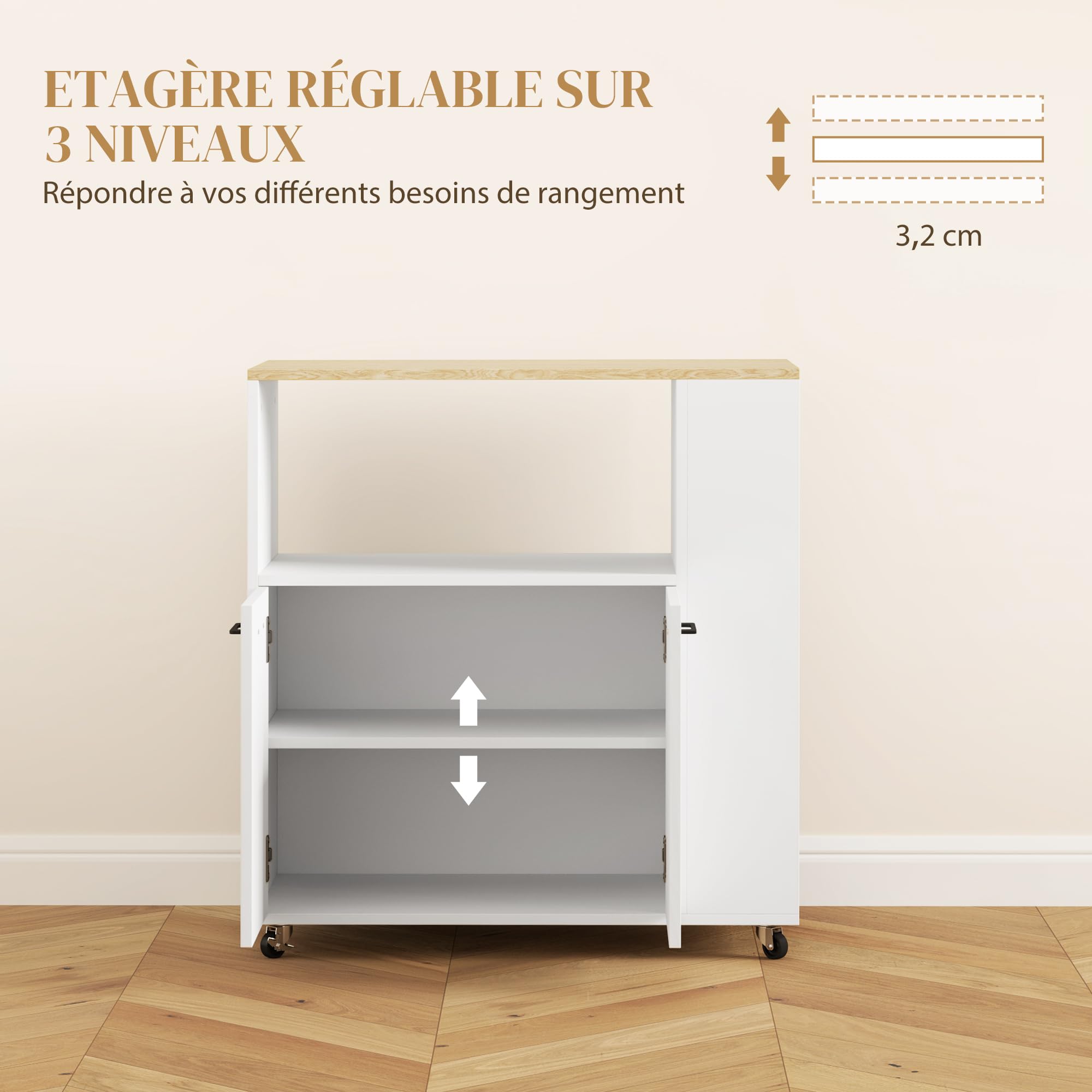 HOMCOM Desserte de Cuisine à roulettes avec Plan de Travail, Îlot Central Cuisine avec 2 Portes, Compartiment Ouvert, étagère réglable et Porte-épices, pour Salle à Manger, 75x40x80,5cm, Blanc