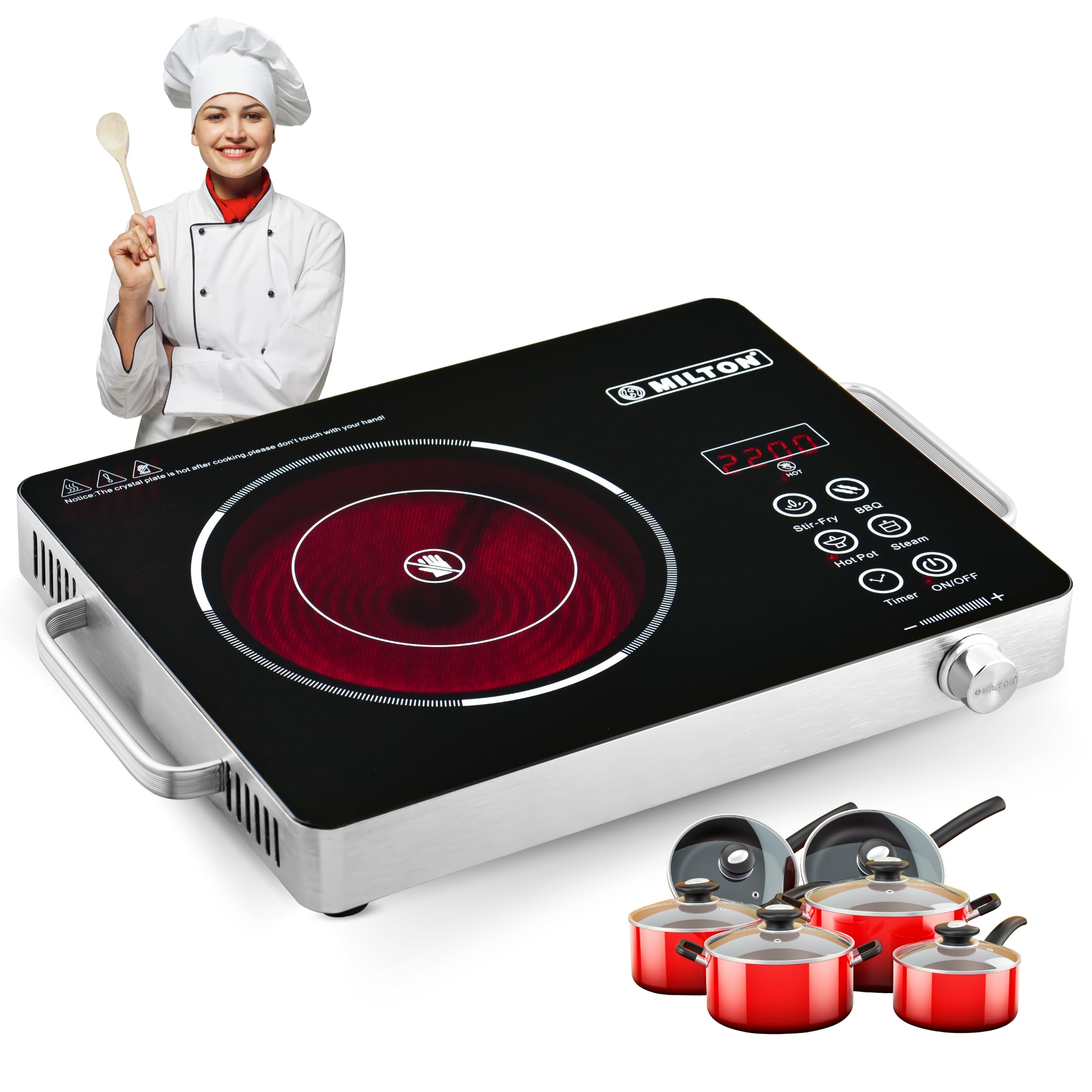 MILTON Classic 2200 Watt Infrared Cooktop with Crystal Glass & Touch Panel | 4 Pre set cooking Modes | Stir-fry | BBQ | Hot Pot | Steam | 60°C to 600°C | Digital time & Watt display - Classic SIlver (B0D988Y9VJ) Amazon Price History, Amazon Price Tracker