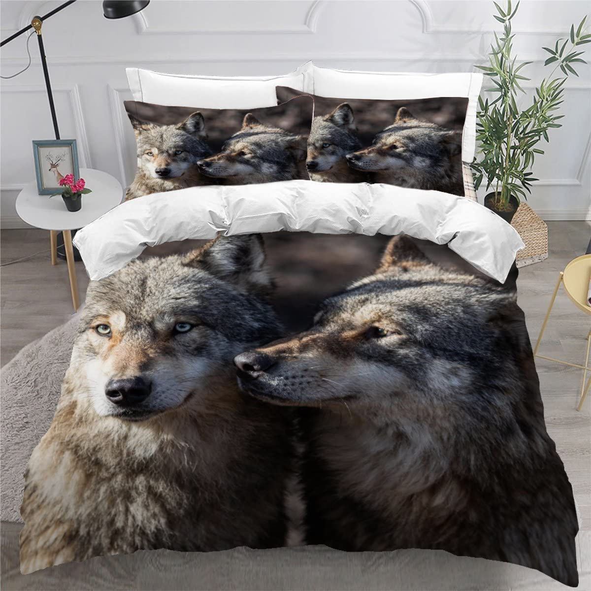 Housse de couette 140x200 loup, parure de lit enfant 1 personne motif animal