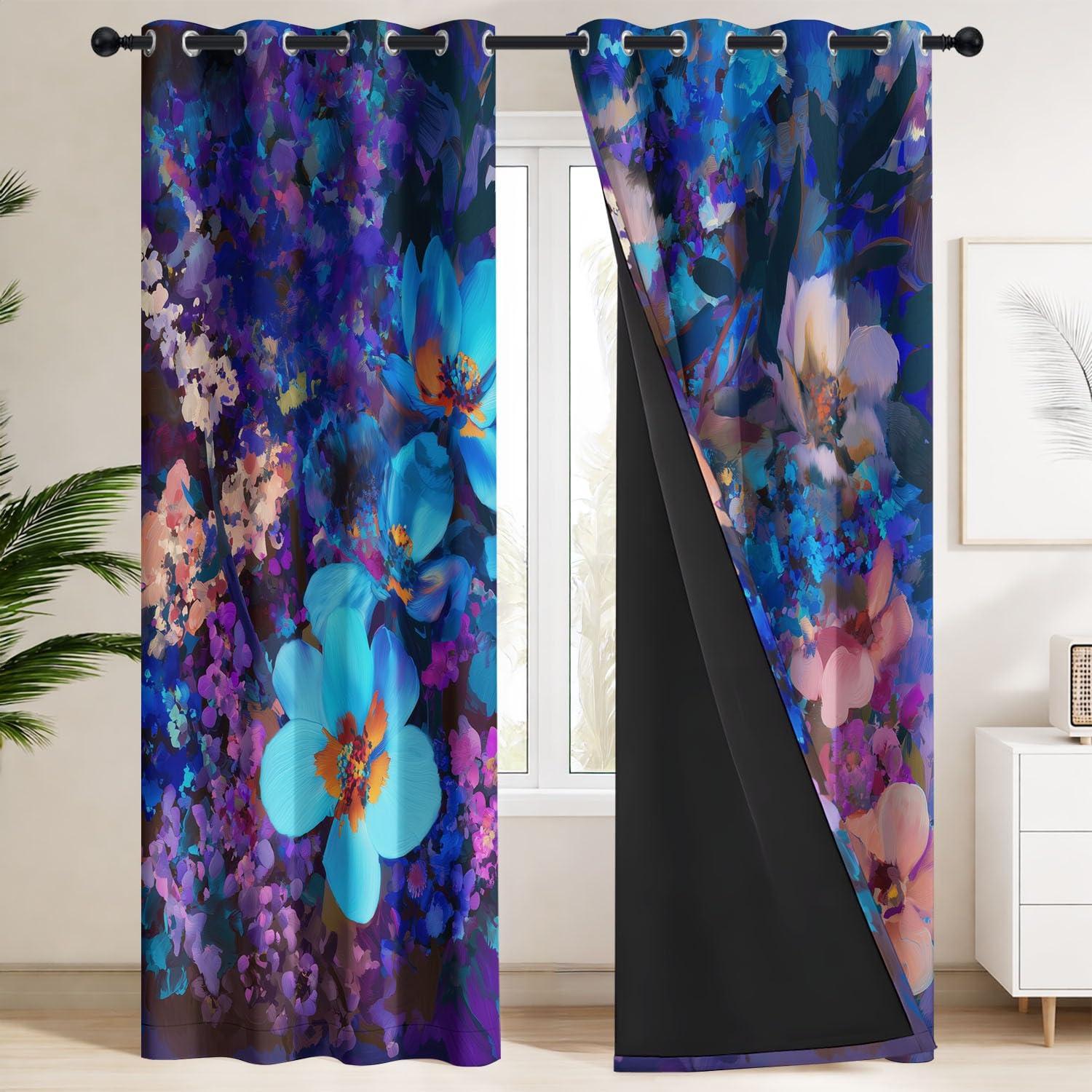 Romantyczne kwiaty, przelotki, miękka, izolacja termiczna, zasłona zaciemniająca, eleganckie, gęste kwiaty, przelotki, do sypialni, salonu, szer. 248 x gł. 274 cm, 2 panele niebieskie