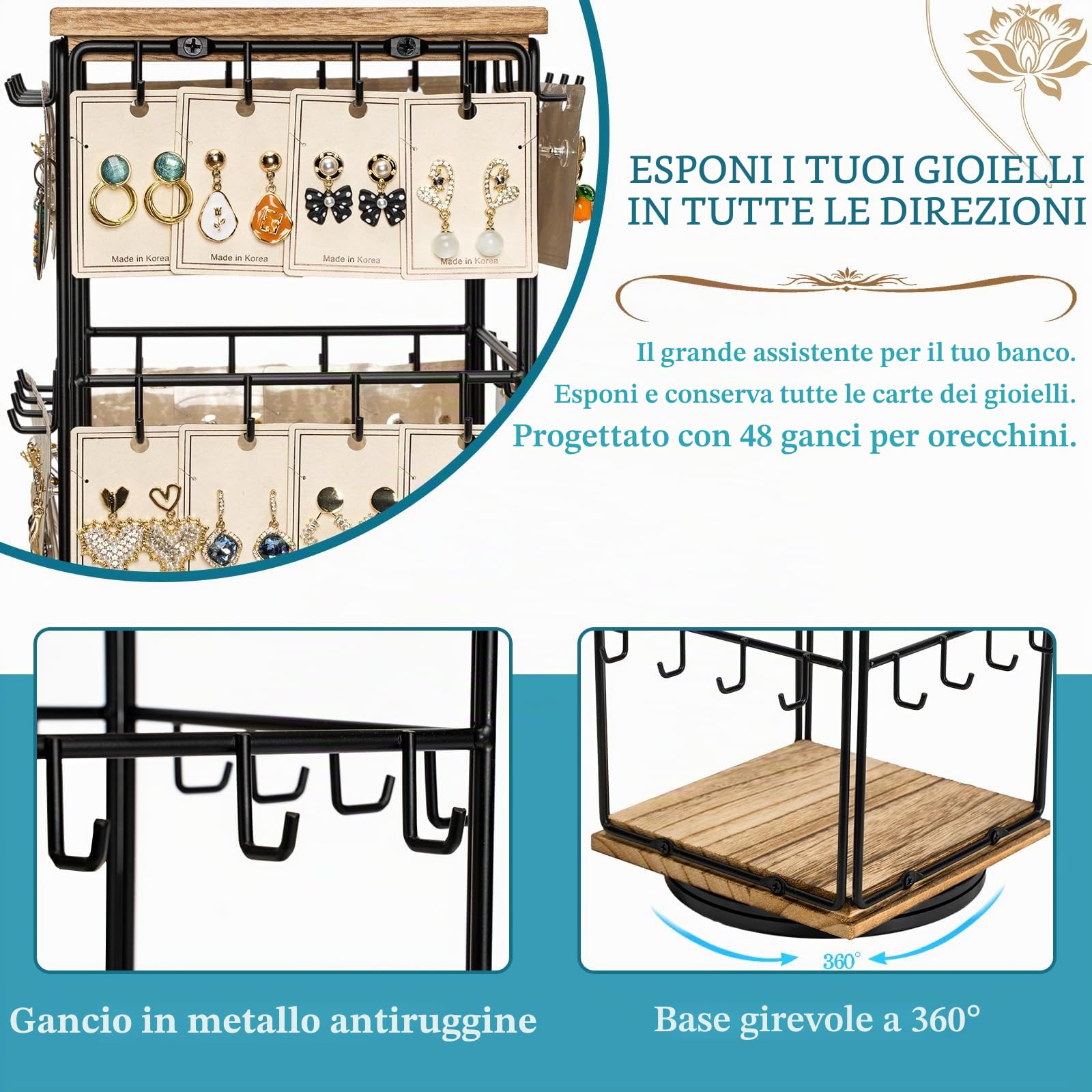 Organizer per orecchini, espositore girevole a 360°, espositore per orecchini a 3 strati, con 48 ganci, vassoio in legno, per orecchini, borchie (metallo e legno)
