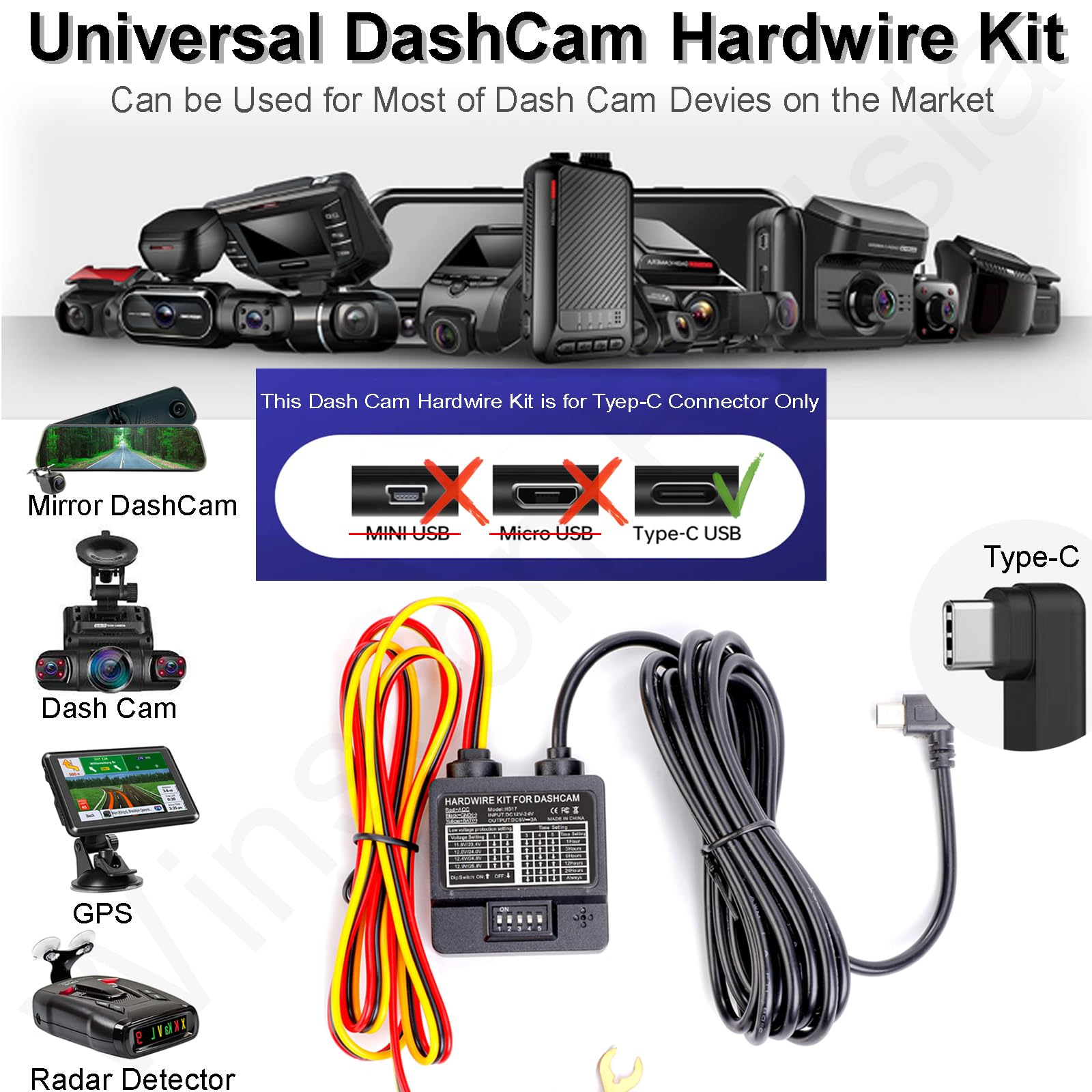 Dash Cam Hardwire Kit Typ-C - 12V-24V Zu 5V Mit Parküberwachung & Unterspannungsschutz