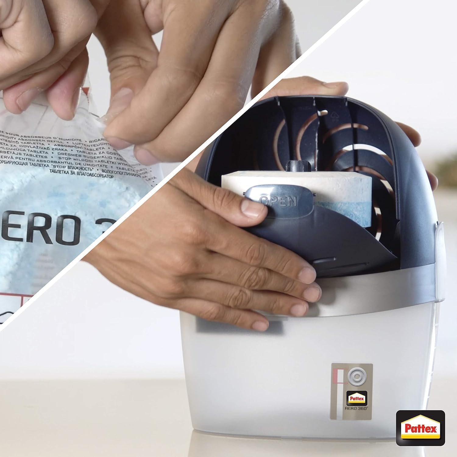 Pattex AERO 360º Luftentfeuchter, ultra-absorbierend, hilft Kondenswasser, Schimmel- und Modergeruch zu vermeiden, nachfüllbarer Raumluftentfeuchter, 6x 1 Gerät inkl. 1 Nachfülltab 450g