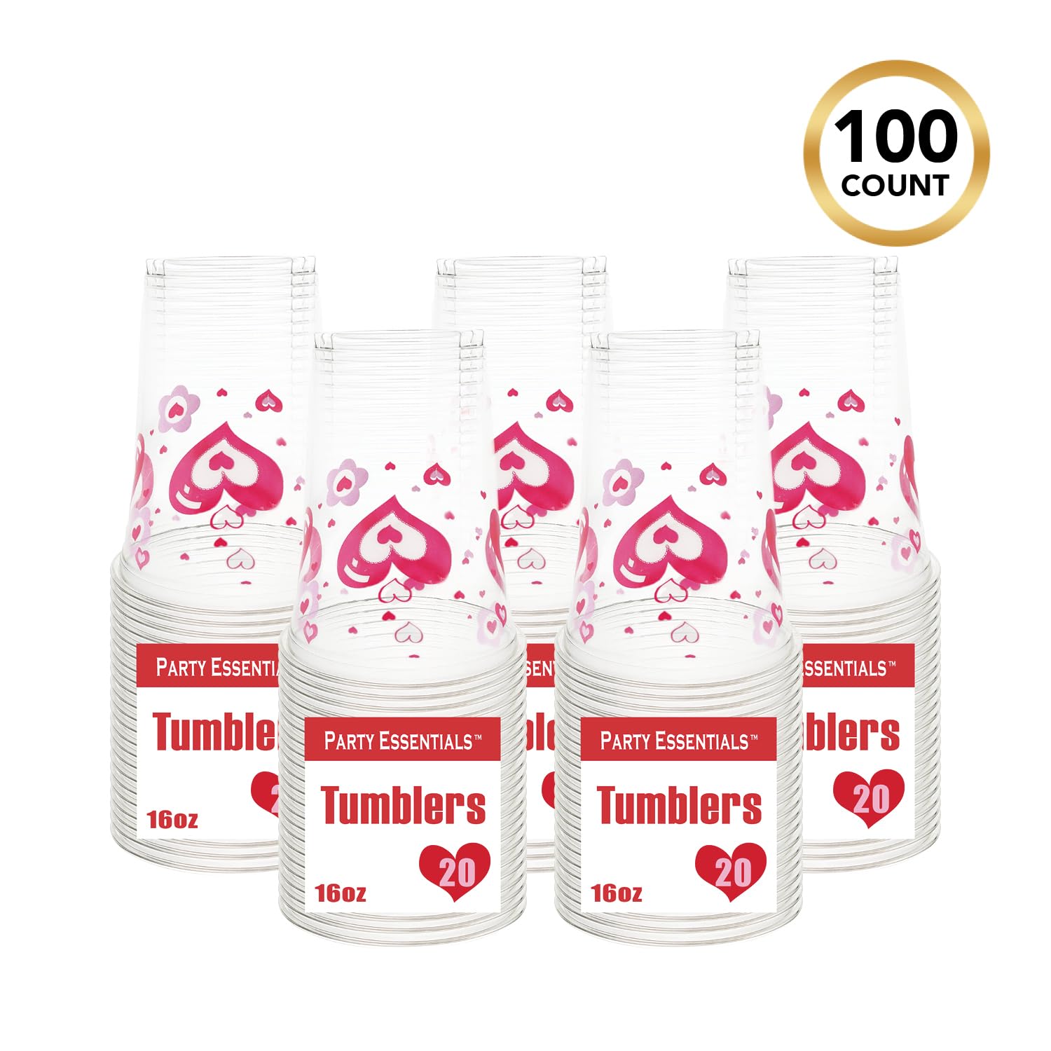 Party Essentials 16 oz Disposable Clear Plastic Cups, Love Theme Party Supplies Decoration, Anniversary, Printed Red Heart, 100-Count