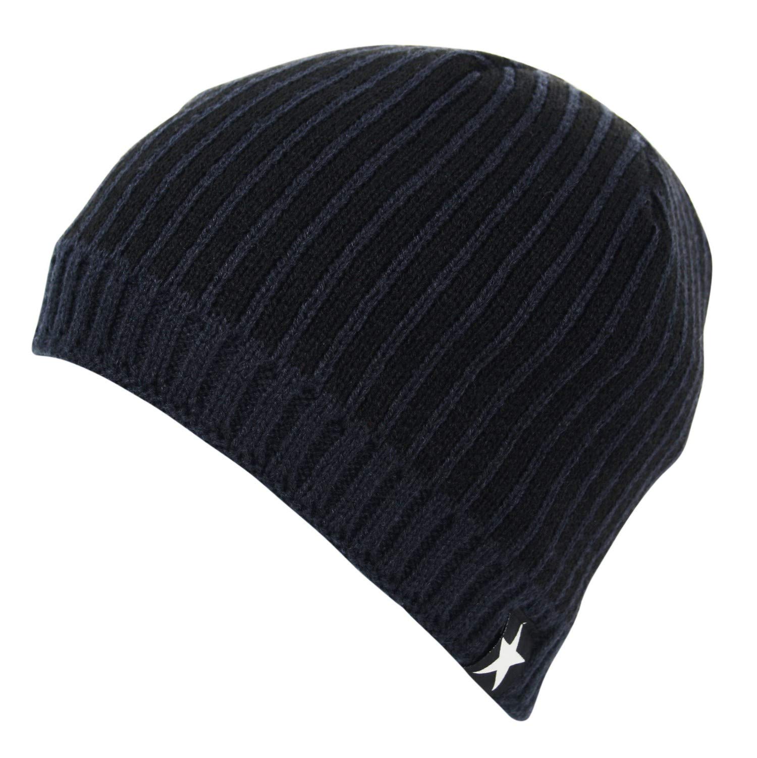 Itzu Star Striped Chunky Rib Knit Fleece Lined Beanie Cap Hat in Navy/Black