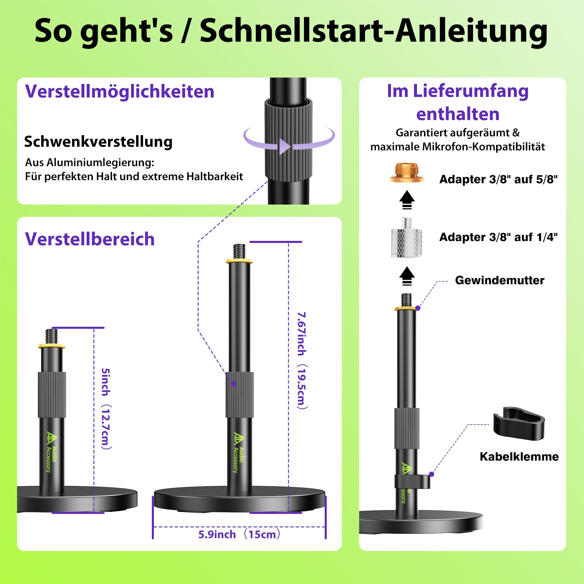 AA AUDIO ACCESSORY Mikrofonständer Tisch, Ultra-Niedrige 12,7cm Höhenverstellbar, 3kg Tragfähigkeit, Vollmetall Mikrofon Tischstativ für Shure SM7B SM7dB MV7+, Fifine, Blue Yeti Snowball, Rode PodMic