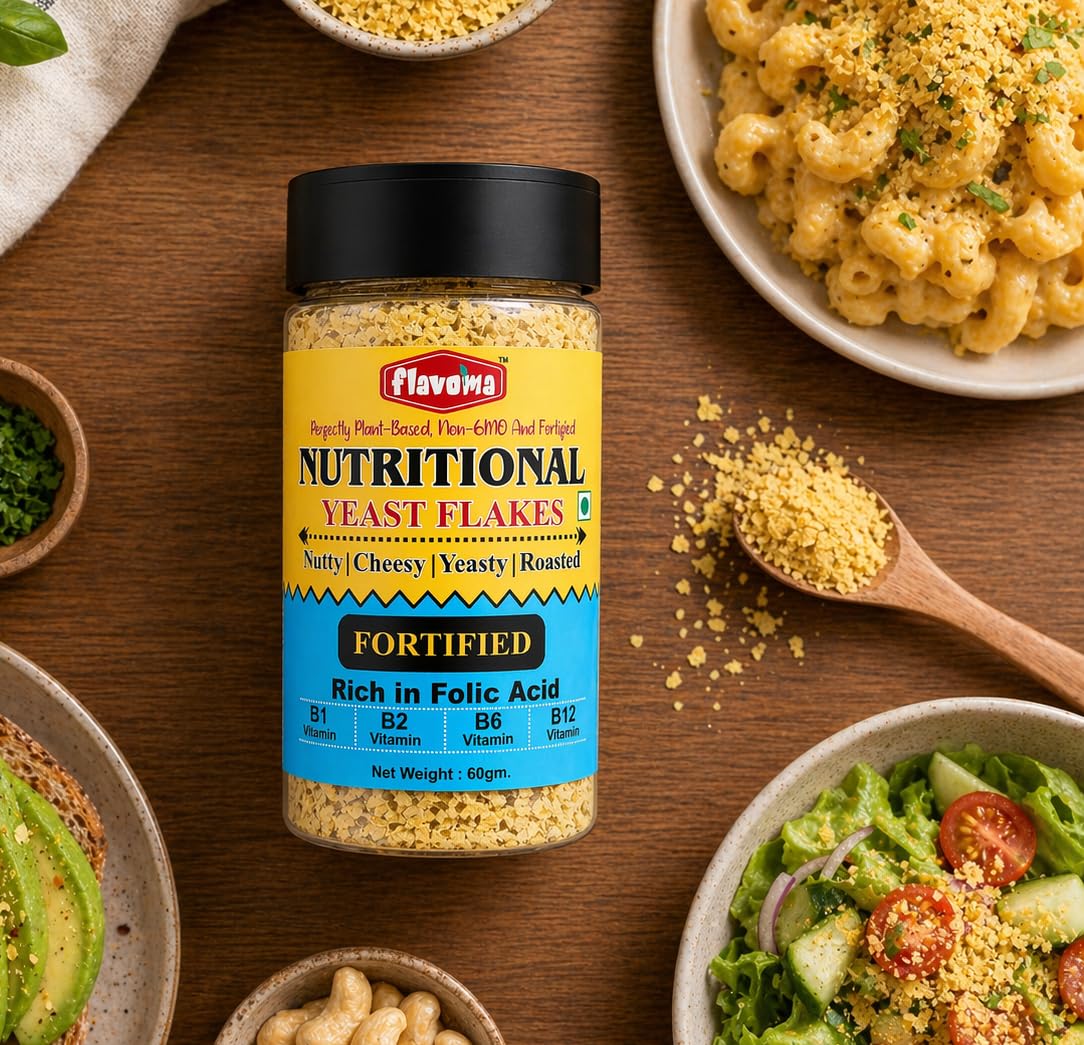 Flavoma Nutritional FORTIFIED Yeast Flakes 60gm (Rich in Vitamin B1, B2, B6, B12), Source of Folic Acid, Gluten-Free, Vegan Cheese Flavor | Plant Based Seasoning for Cooking, Baking, and Snacks 2