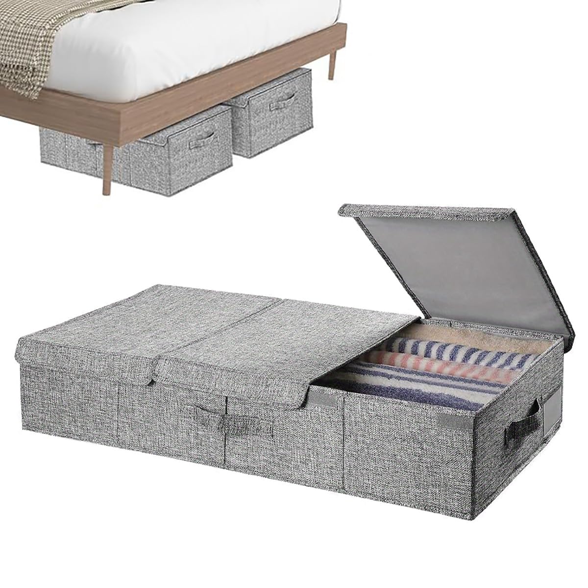 2 Stück Faltbare Unterbett Aufbewahrungsbox mit Deckel, 45L Bettkasten Aufbewahrung mit Griff, Organizer für Kleidung und Decken, 14.5CM Hoch (81x 40 x14.5 cm)
