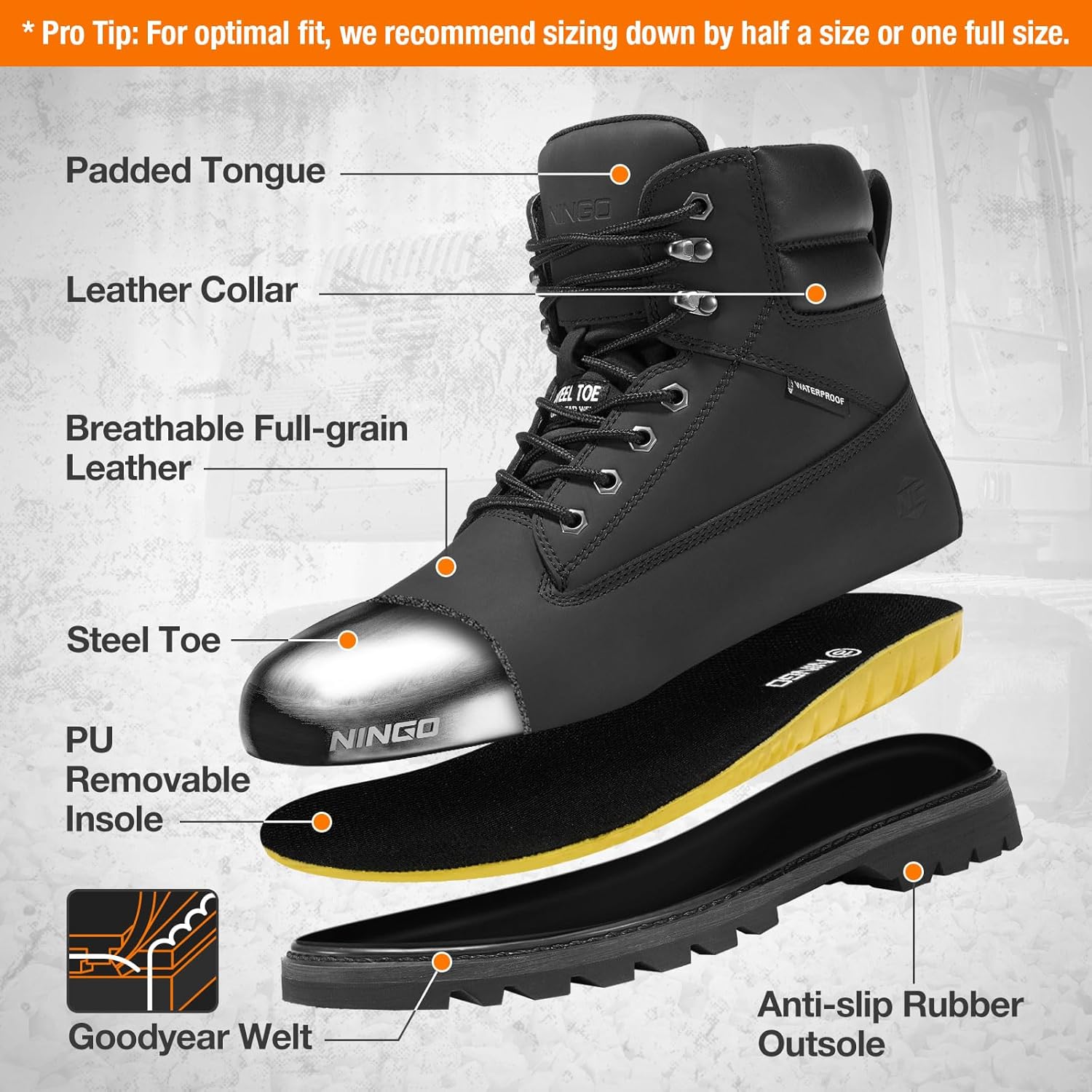 NINGO Waterproof Steel Toe Work Boots for Men, 6" Non Slip Comfortable Leather Workboots, Mens Safety Construction Shoes for Outdoor Industrial - Image 7