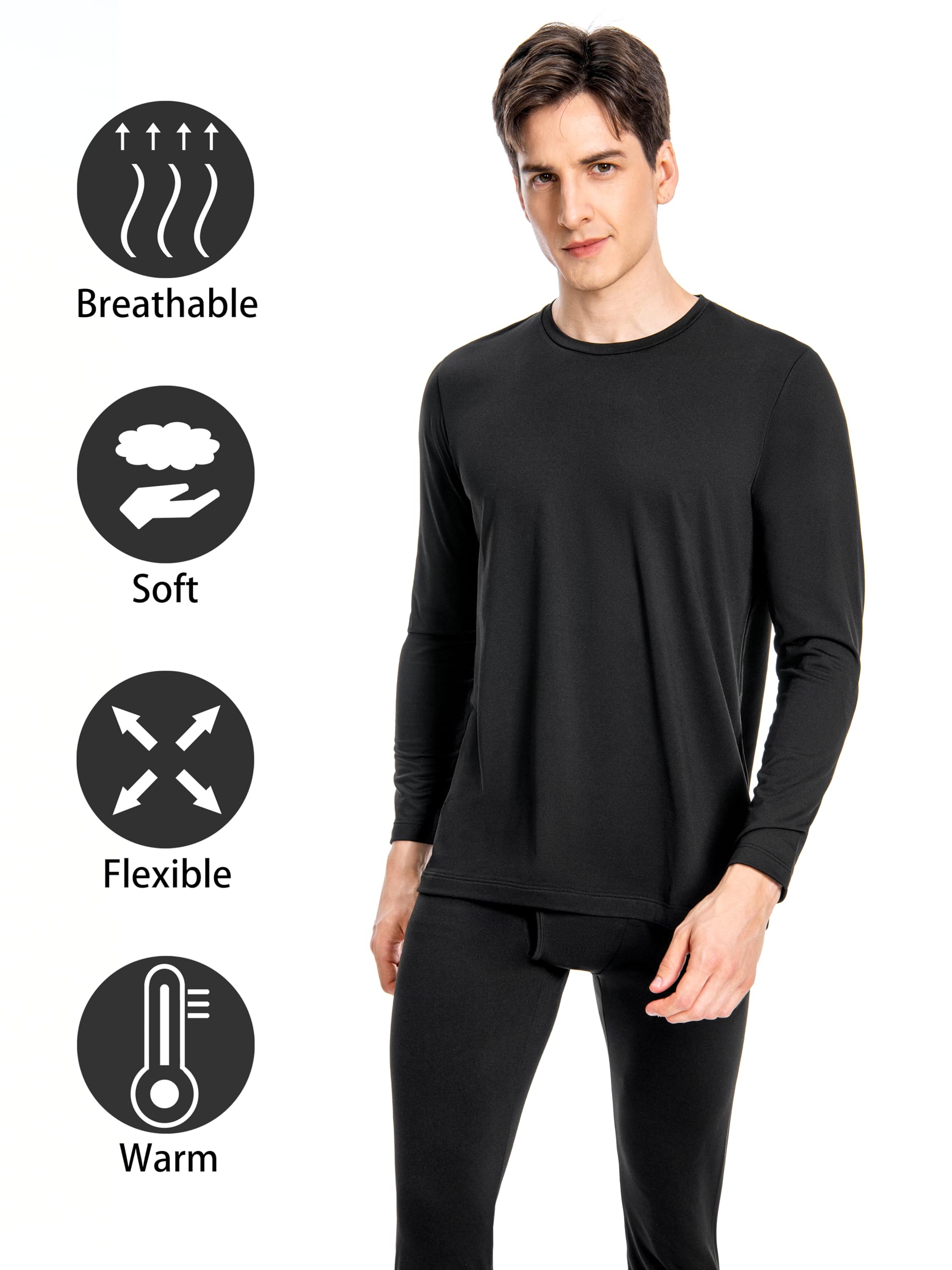 Nutria sous Vetement Thermique Homme Ensemble de sous-Vêtements Manches Longues Haut & Bas Col Rond à avec Doublure en Polaire Fonctionnel Couche de Base Intérieur par Temps Froid U07