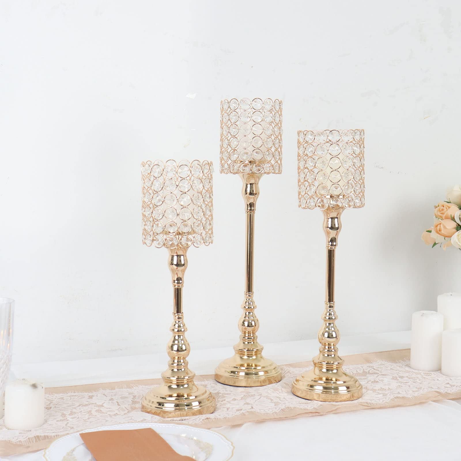 TABLECLOTHSFACTORY Set of 3 | Gold Crystal Beaded Goblet Votive Candle Holder Centerpieces, Tea Light Candle Stands - 18