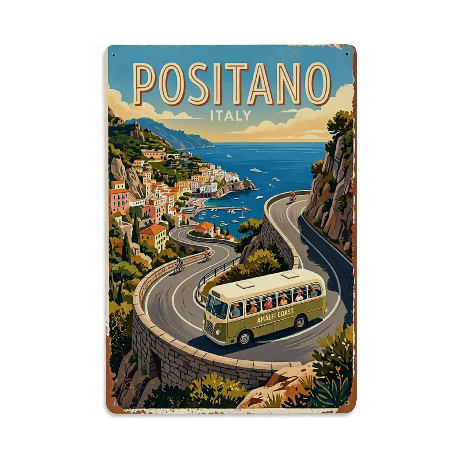 Huiyhb 8X12inch(20X30cm) Vintage Travel Positano Italy Hairpin Bus Route Metal Tin Sign