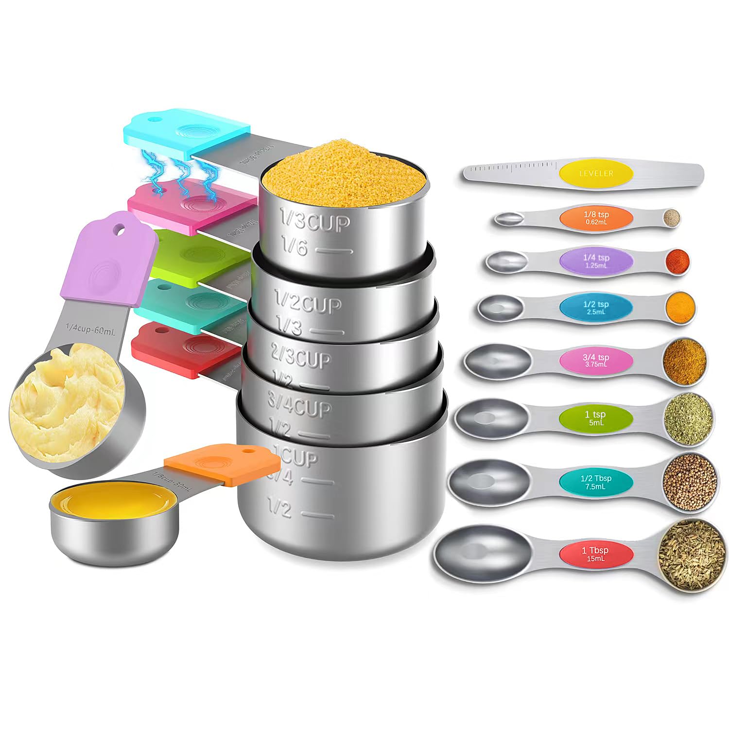 Minteem Magnetic Measuring Cups and Spoons Set, 7 Nesting Stainless Steel Measuring Cup Set with Easy to Read Markings, 7 Magnetic Measuring Spoons &