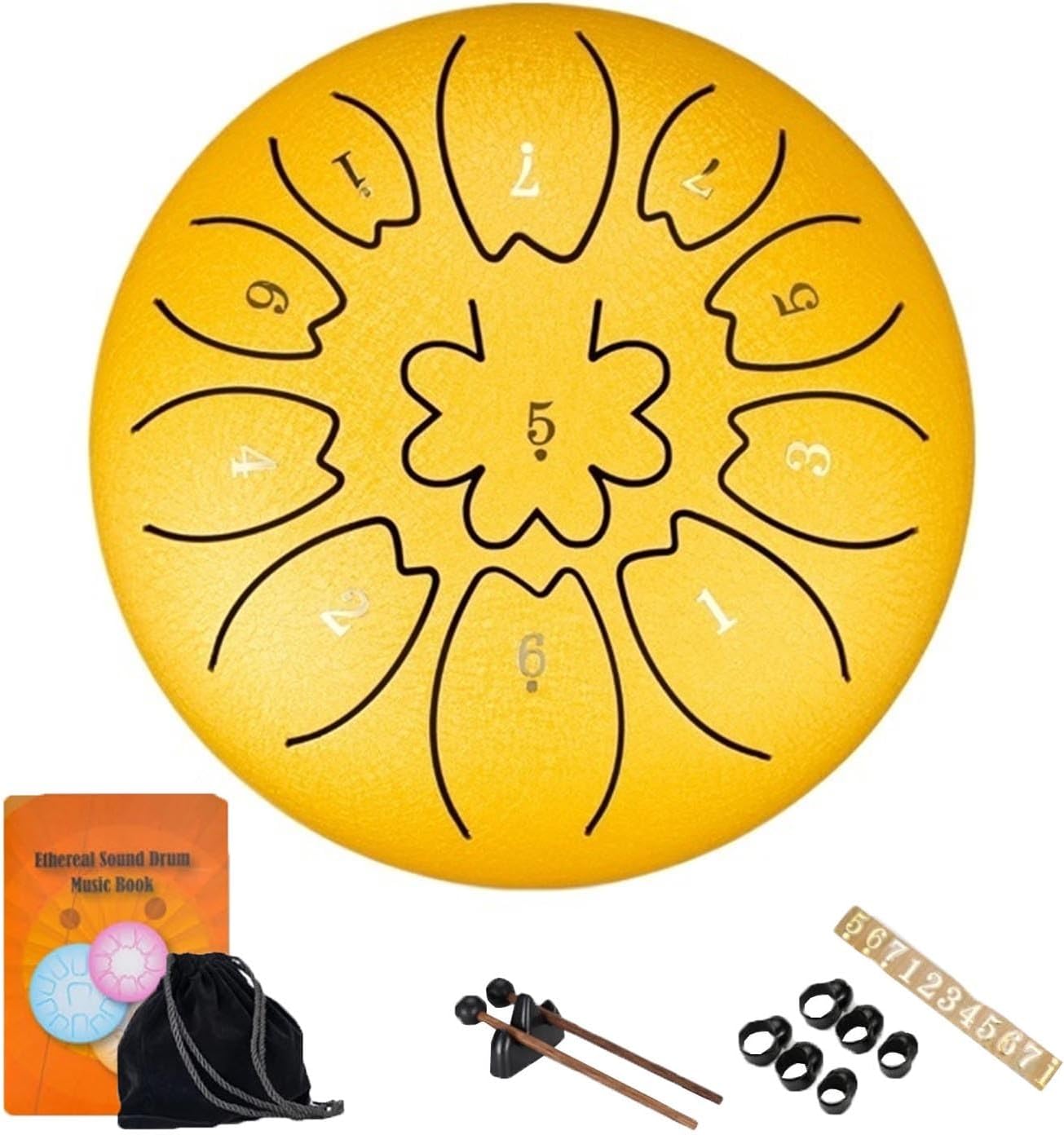 Rain Drum 6 Inch 11 Tone steel drum with Tutorial Cloth Bag, A Pair Of Drums Tongue Drum Rubber Base, Stable Support(Yellow)