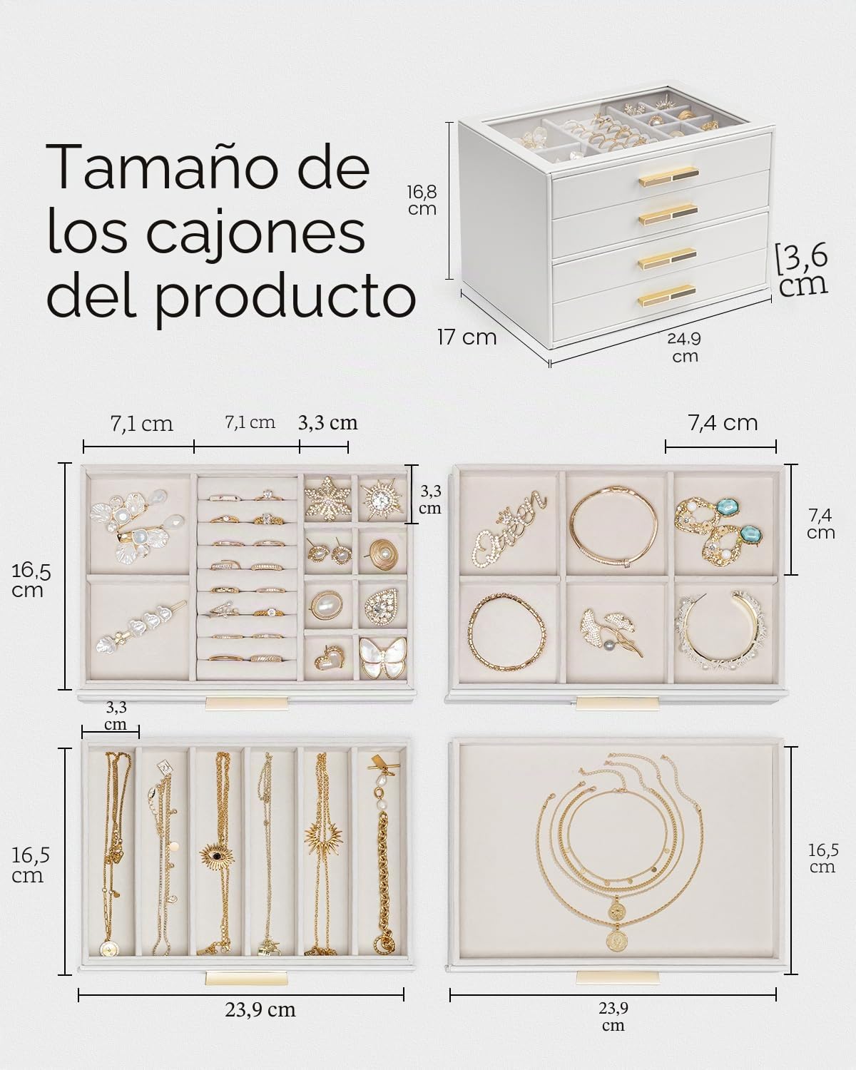 Vlando Joyero grande con 4 niveles, organizador de joyas con tapa de cristal, 4 cajones, para collares, pendientes, relojes, pulseras, almacenamiento de joyas, moderno, Cenicienta Plus, color blanco