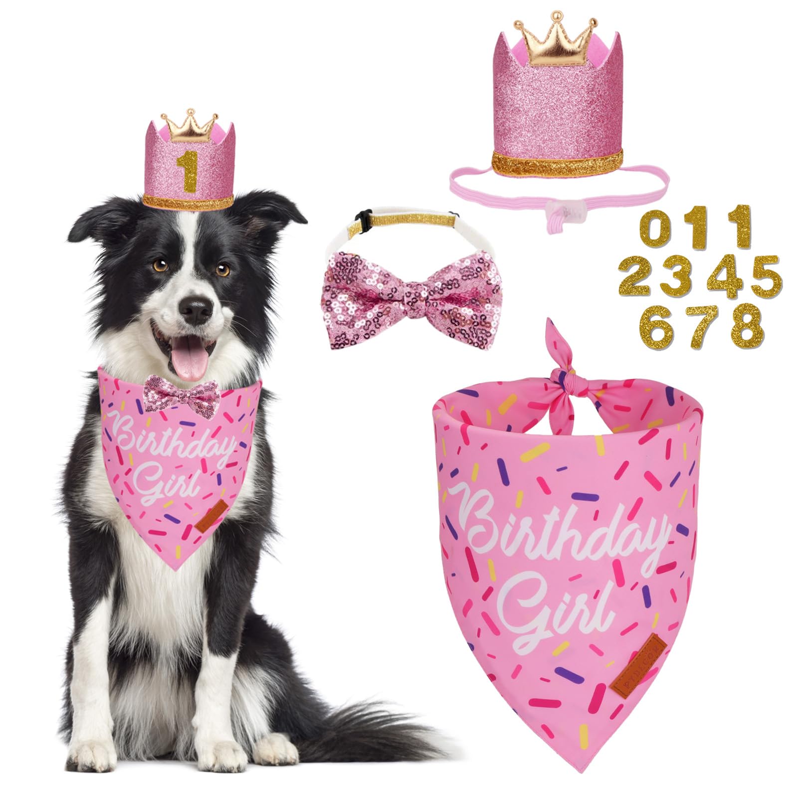 PTDECOR Dog Birthday Party Supplies, Multi Size Birthday Girl Bandana, Pink Crowns Hat Set for Medium Large Pets (Large)