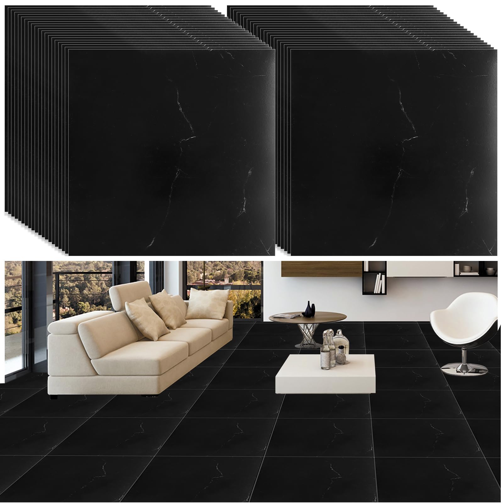 YAYODS 20 Pack Self Adhesive Floor Tile Vinyl Flooring, 30x30cm Black Marble Effect Flooring Stickers, Waterproof Peel and Stick Floor Tile for Kitchen Bathroom Living Room and Floor Planks