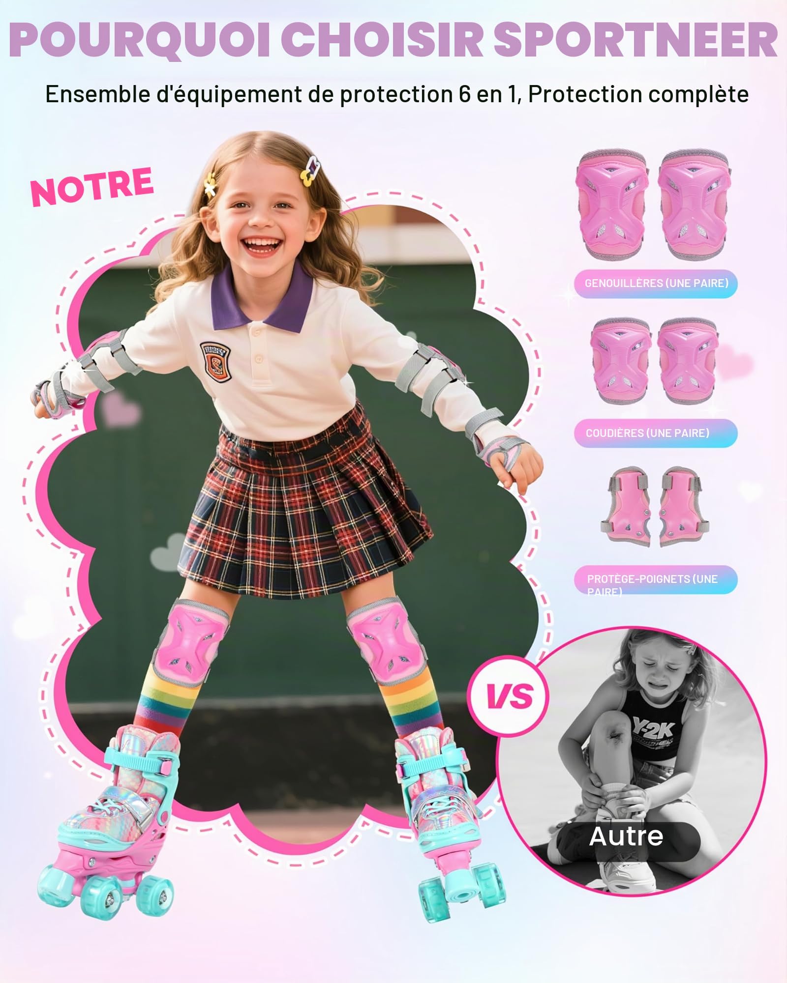 Sportneer Patins à roulettes réglables pour Enfants Adolescents avec équipement de Protection