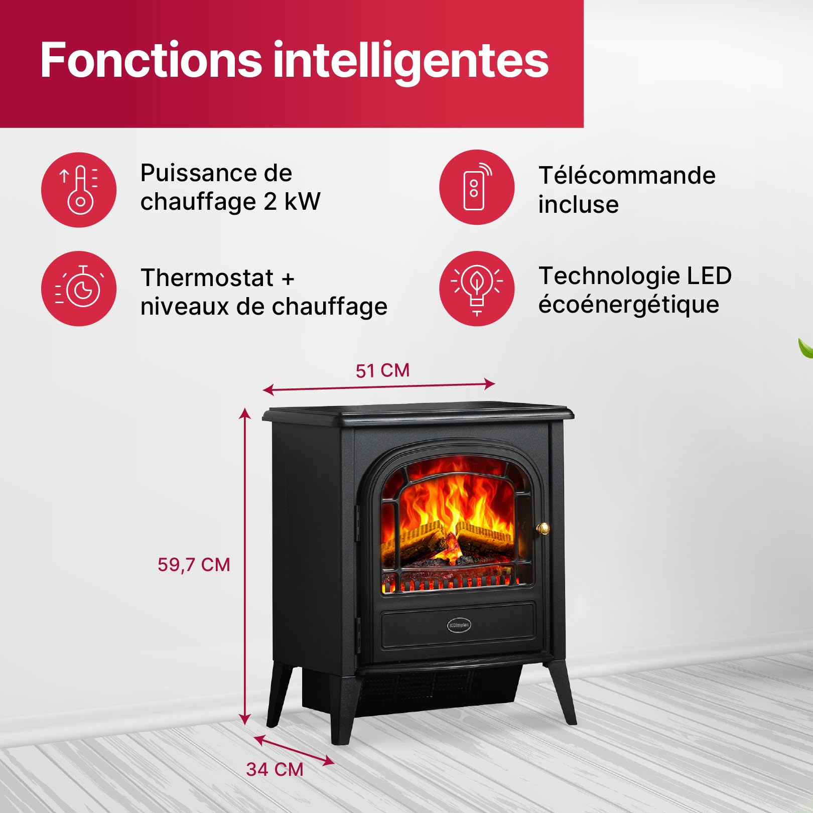 Dimplex Club Cheminée Électrique Autoportant Cheminee Electrique Effet Flamme LED Optiflame avec Lit de Bûches Chauffage 2 KW Activable Télécommande Incluse