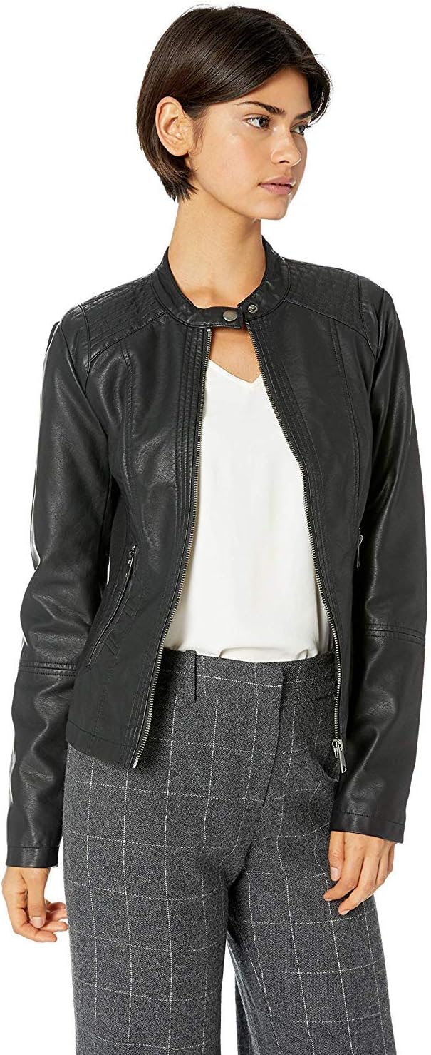 Sebby Collection Women's Faux Leather Jacket with Moto Details and Front Zip Pockets
