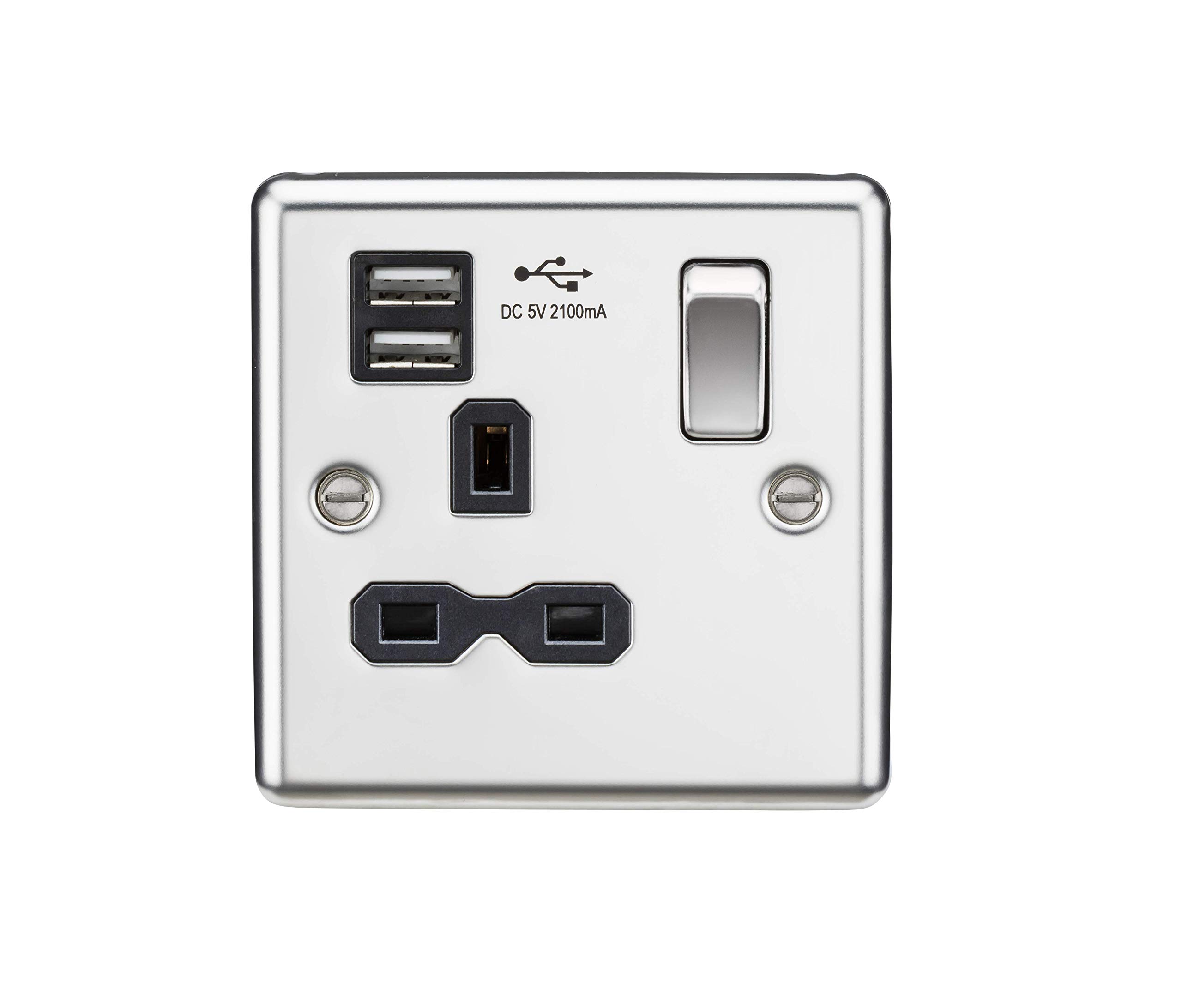 13A 1G Switched Socket Dual USB Charger Slots with Black Insert - Rounded Edge Polished Chrome โ image 1