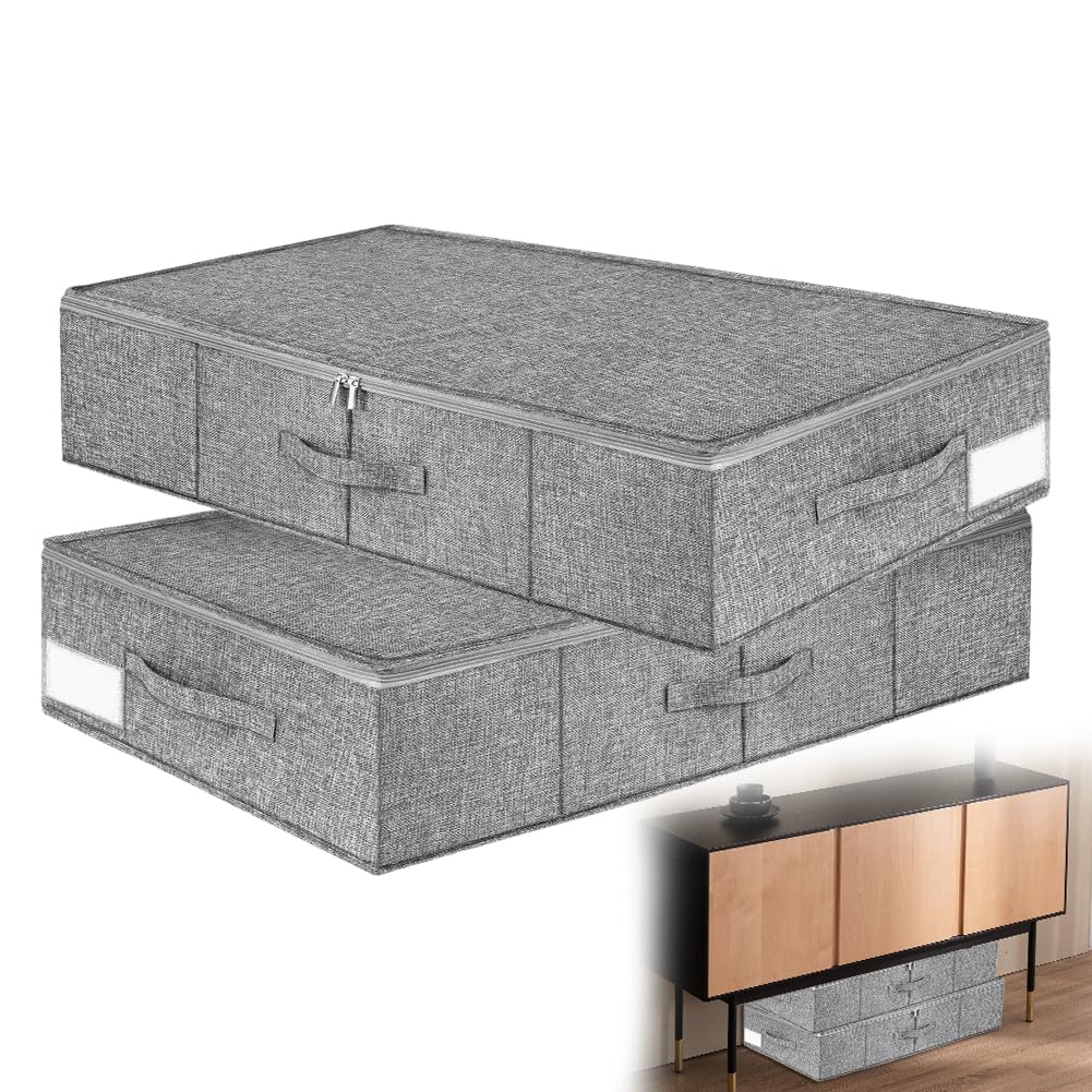 Set di 2 contenitori sotto il letto con coperchio con lati e rinforzo sul fondo, 3 manici, scatola pieghevole in tessuto altezza 12 cm, contenitore per il letto, contenitore per cuscini per esterni