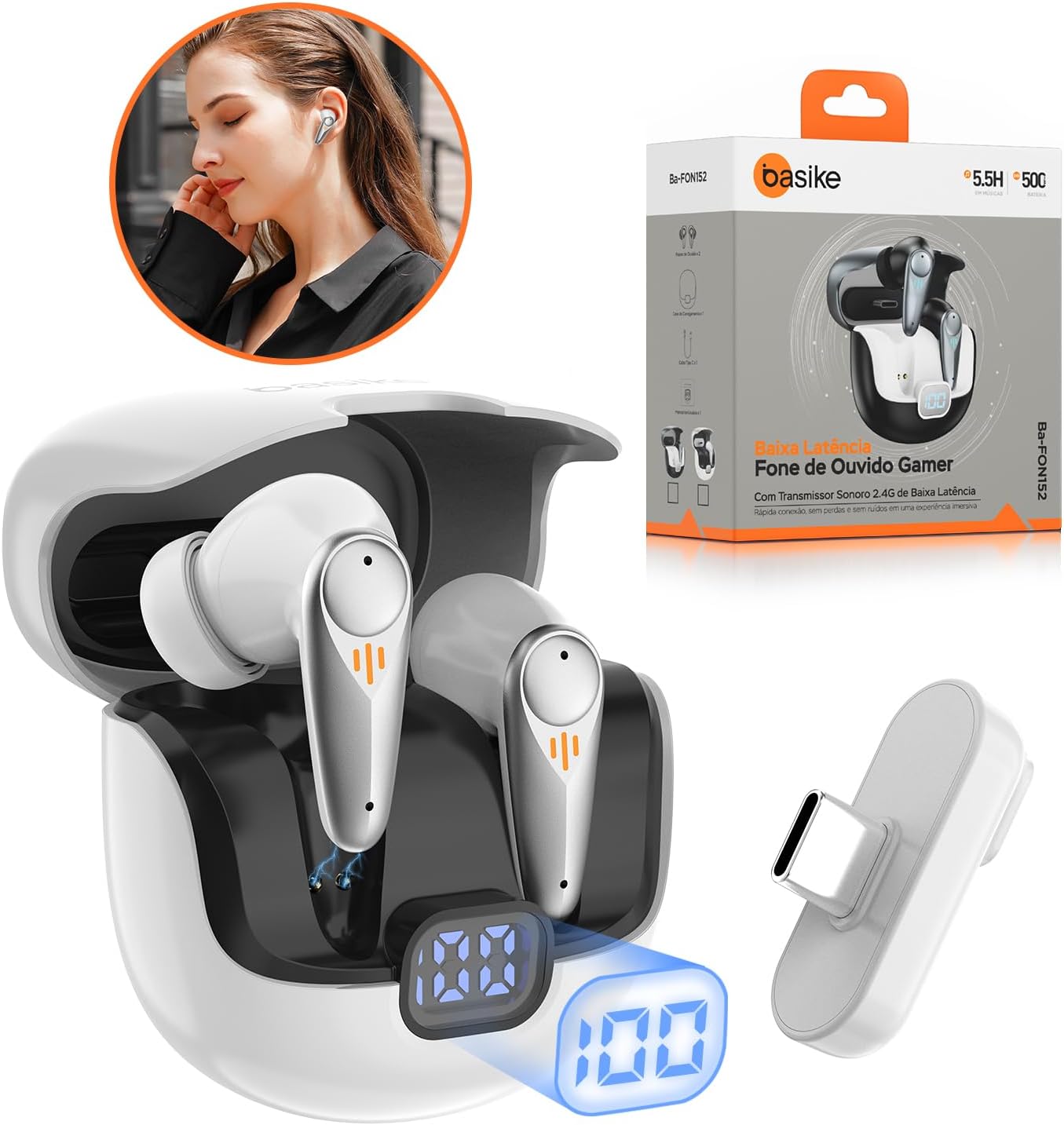 Basike Fone de Ouvido Sem Fio Bluetooth 5.4, Headset Gamer Intra-Auricular com Áudio Hi-Fi, Mic ENC, Display LED, 40H de Bateria – Para Jogos, Streaming e Dia a Dia – Branco