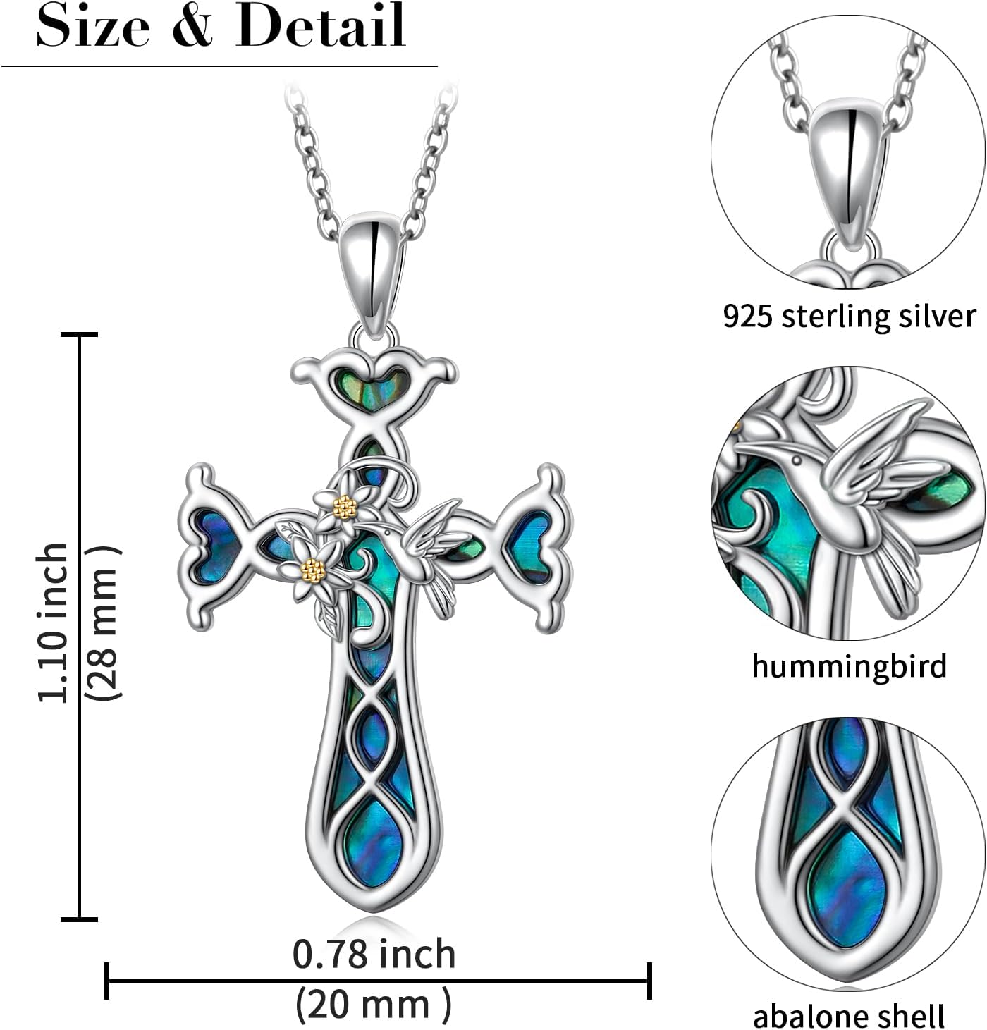 925 Sterling Silver Cross Hummingbird Pendant Necklace for Women Flower Abalone Shell Necklace Jewelry Gifts for Christmas Anniversary Birthday - Image 5