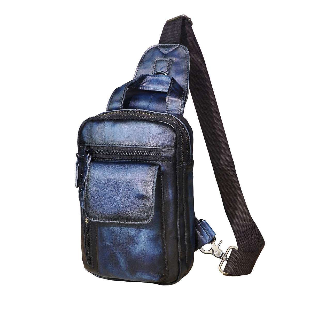 Le’aokuu Herren Echtes Leder Brusttasche Crossbody Bag Sling Bag Schultertasche Gurteltasche Umhängetasche Rucksack Brustbeutel Für Outdoor Sport Reisen B574 (B574 ciemnoniebieski)