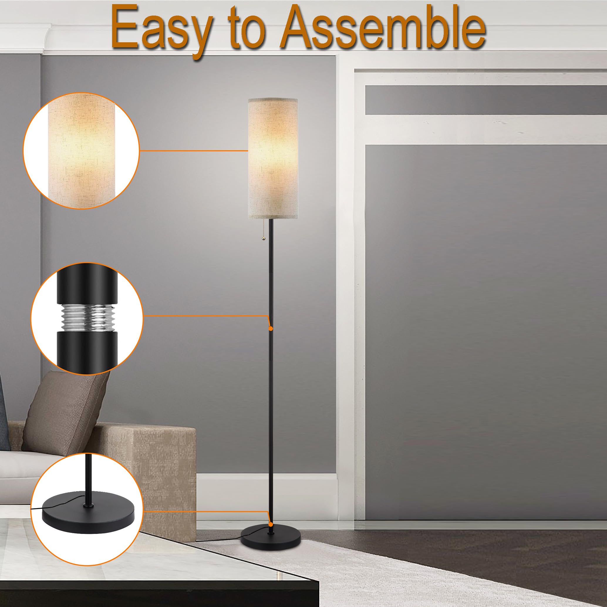 Lámpara de pie para sala de estar, lámparas de pie modernas con pantalla, lámpara alta minimalista con interruptor de cadena para sala de estar, bombilla LED incluida (pantalla beige) 5
