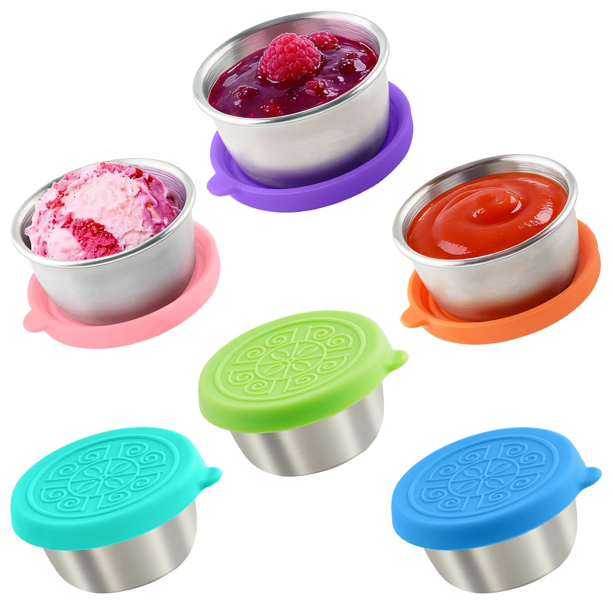6 Pack Stainless Steel Sauce Pots with Silicone Lids - 1.6 oz (45 ml)