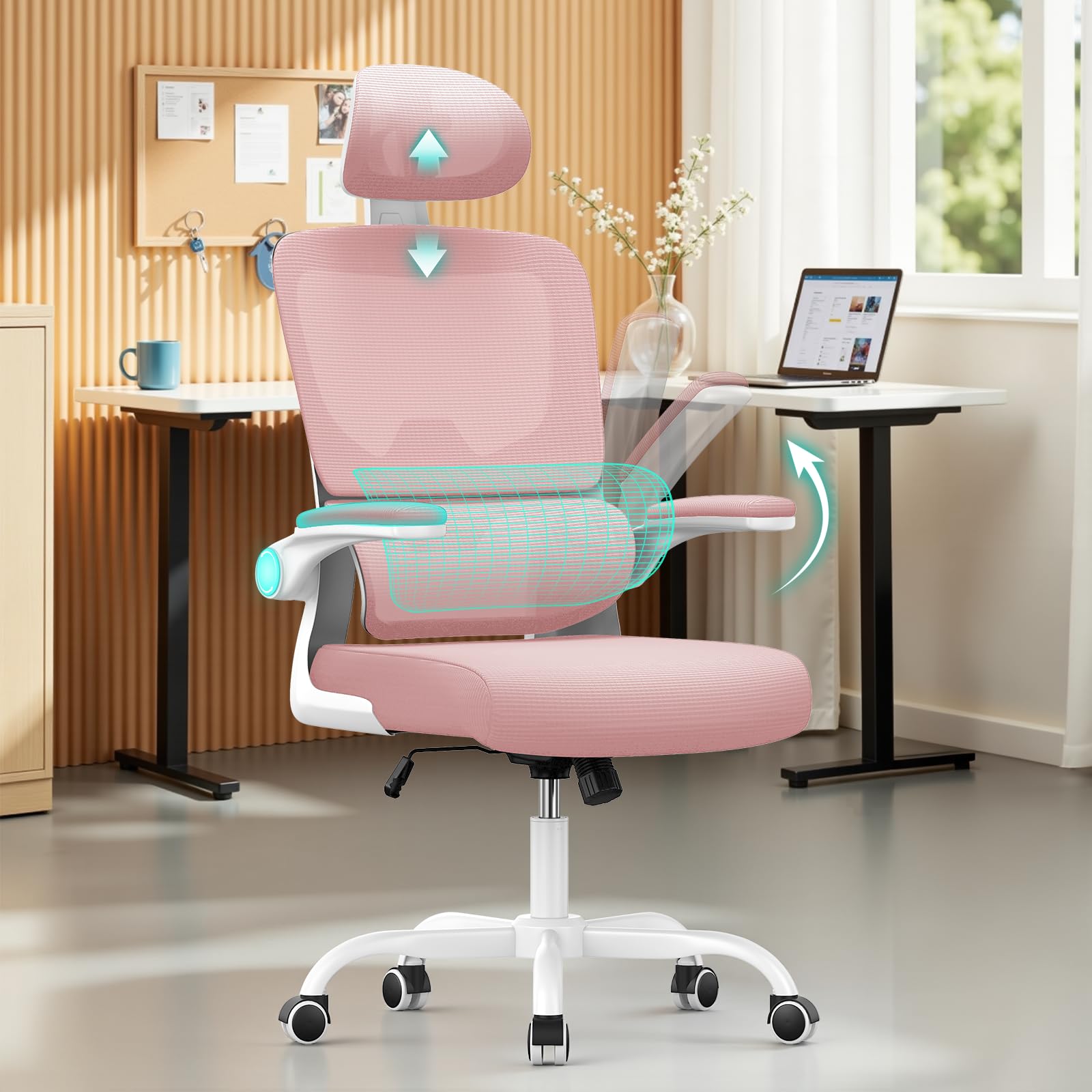 naspaluro Ergonomic Office Chairs, High Big Study Desk Computer Chair with Flip-up Armrests/Back Support/Adjustable Headrest, Comfy Swivel PC Work Chair, Pink Mesh Office Chairs for Home Office