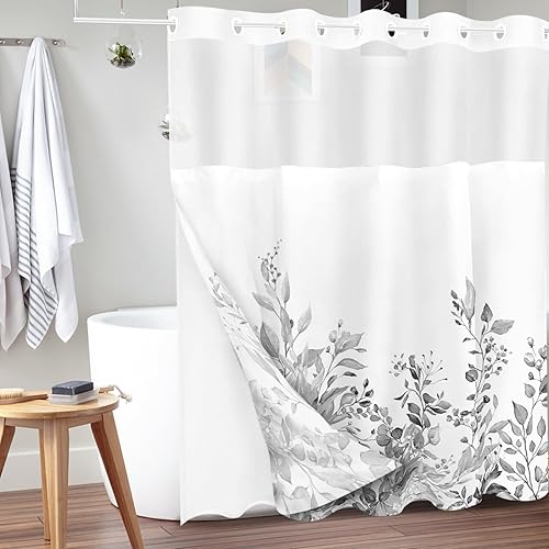 Miniatura 2 de Tititex Juego de cortinas de ducha sin ganchos con forro de hojas de eucalipto grises, doble capa, tela impermeable y transparente para ventana