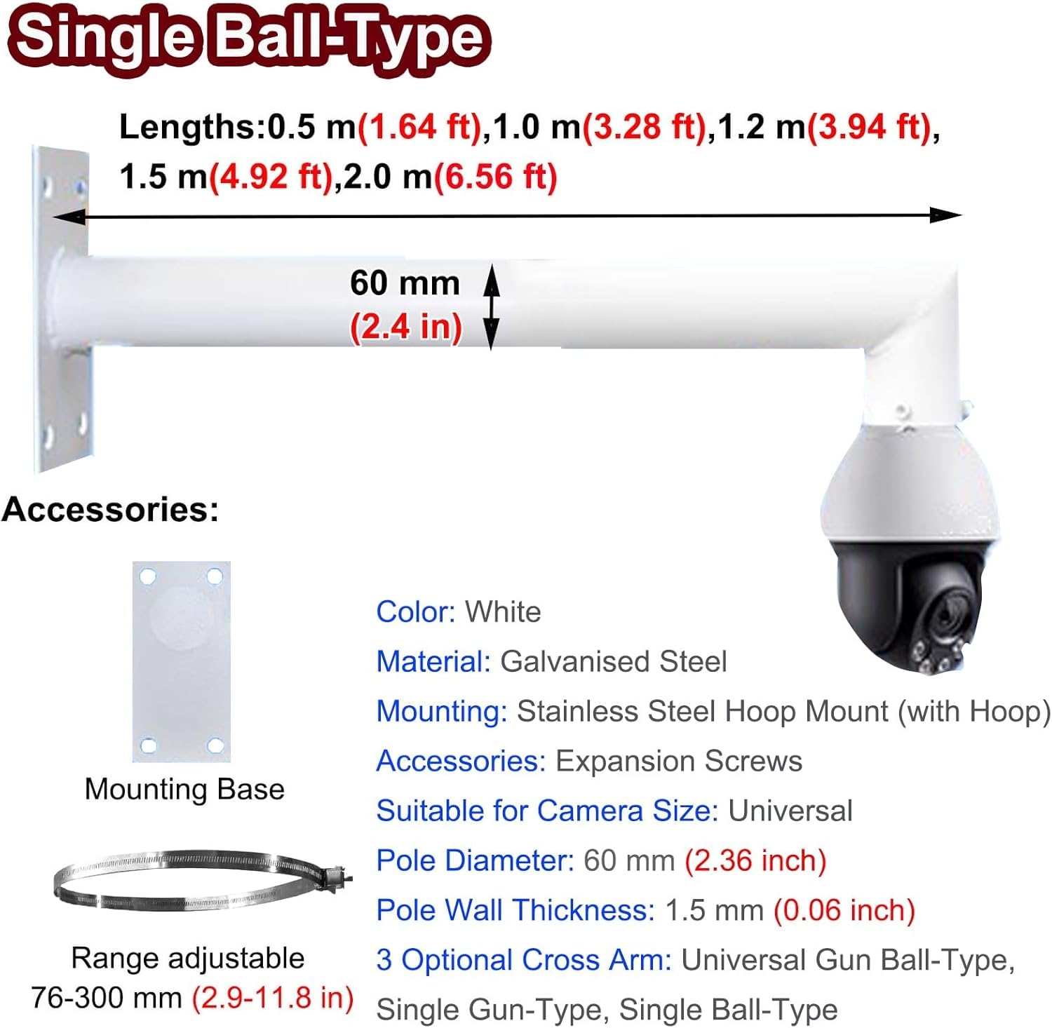 Palo di sorveglianza angolare per Esterni, palo Regolabile per Telecamera di Sicurezza a Parete con Staffa ad Anello (Bianco - Sfera Singola, 1,0 m (3,28 Piedi))