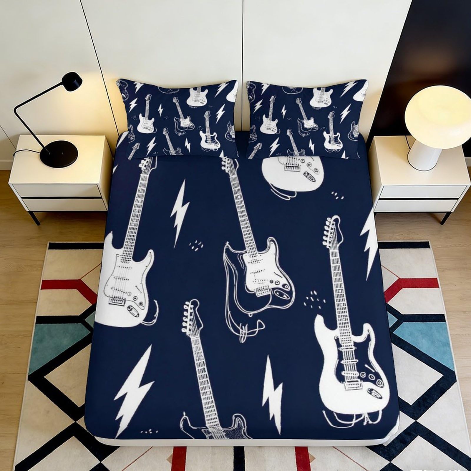 3D Printed Electric Guitar Fitted Sheet Microfiber Deep Blue Bed Cover Lightning Pattern for Bedroom Dorm Decor 90x200x25cm