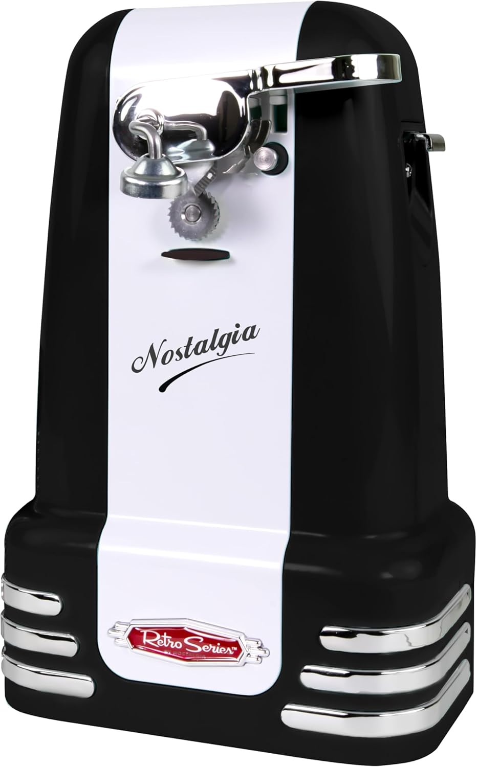 Nostalgia Retro Electric Can Opener for Kitchen with Magnetic Lid Remover, Knife Sharpener, and Soda or Beer Bottle Opener, Red