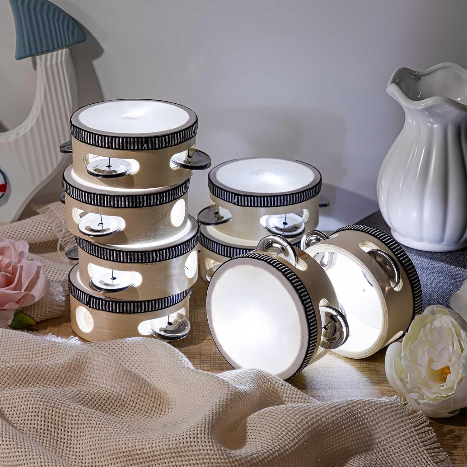 12 Pcs Tambourines Bulk for Adult 4'' Hand Held Musical Glow Drum LED Wood Metal Jingles Educational Wedding Mini Percussion Gift Glow in The Dark Instrument for Church Xmas Party