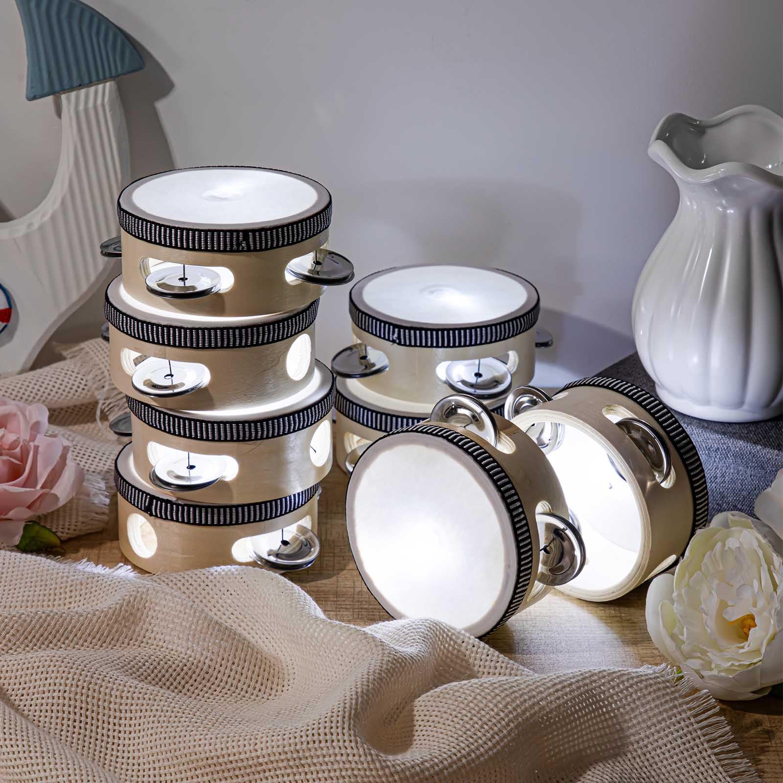 12 Stück LED-Tamburine für Erwachsene, 10,2 cm, Musik-Trommel, Holz, Metallschellen, pädagogische Trommel, Mini-Percussion-Geschenk, leuchtet im Dunkeln, Instrument für Hochzeit, Kirche