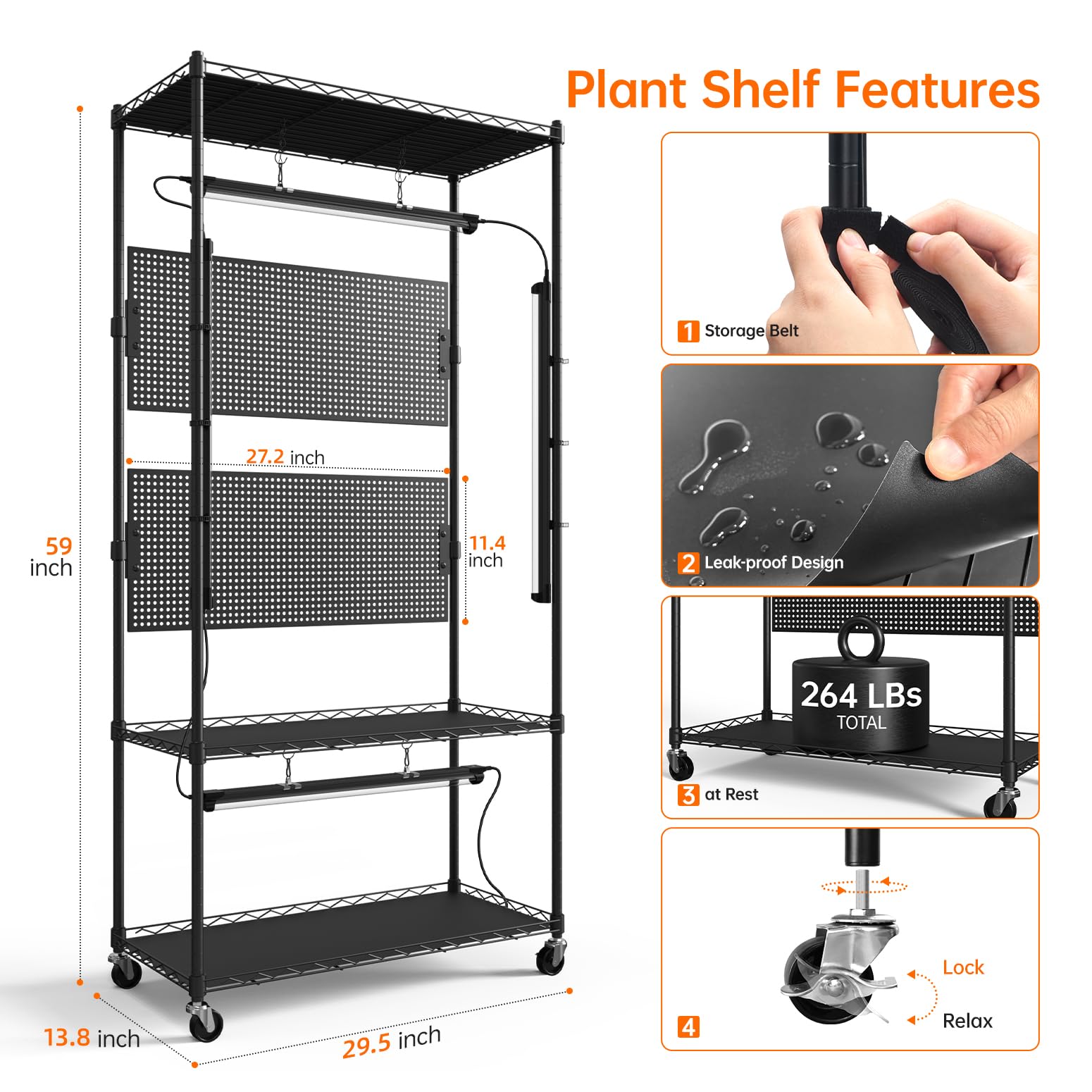 Bstrip Estante para plantas con luz de crecimiento y tablero de clavijas, soporte de metal para plantas con estante ajustable y ruedas, 4 tiras de luz de crecimiento de espectro completo de 24 W para